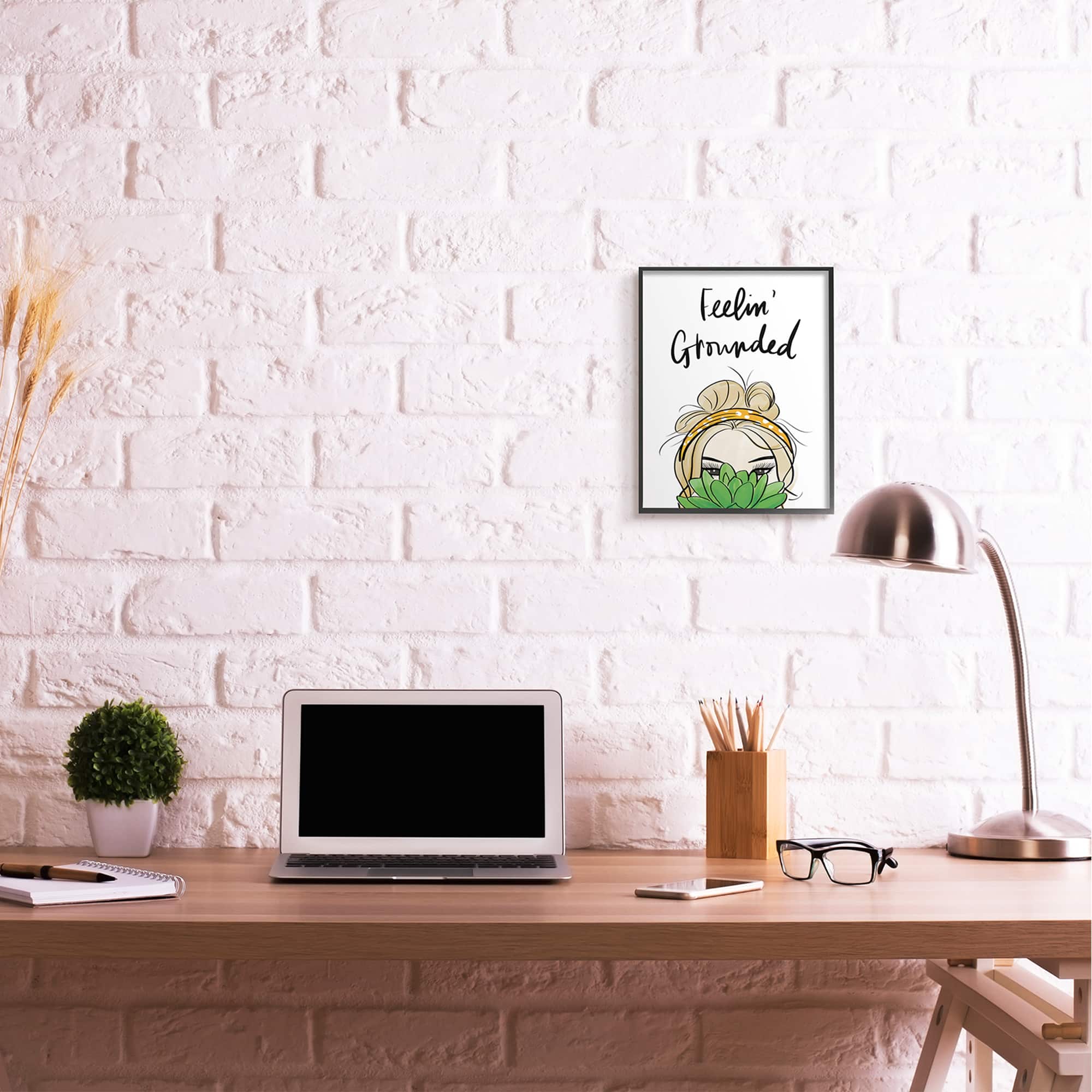 Stupell Industries Feelin' Grounded Phrase Woman With Plant in Frame Wall Art