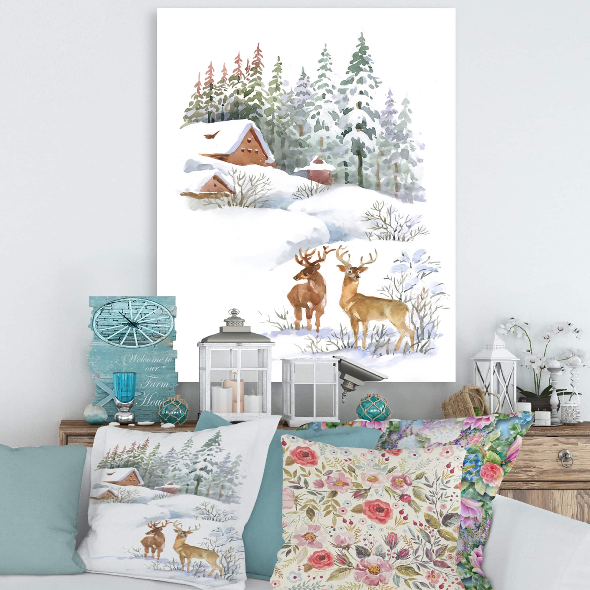 Designart - Winter Cottage With Two Deers - Farmhouse Canvas Wall Art Print