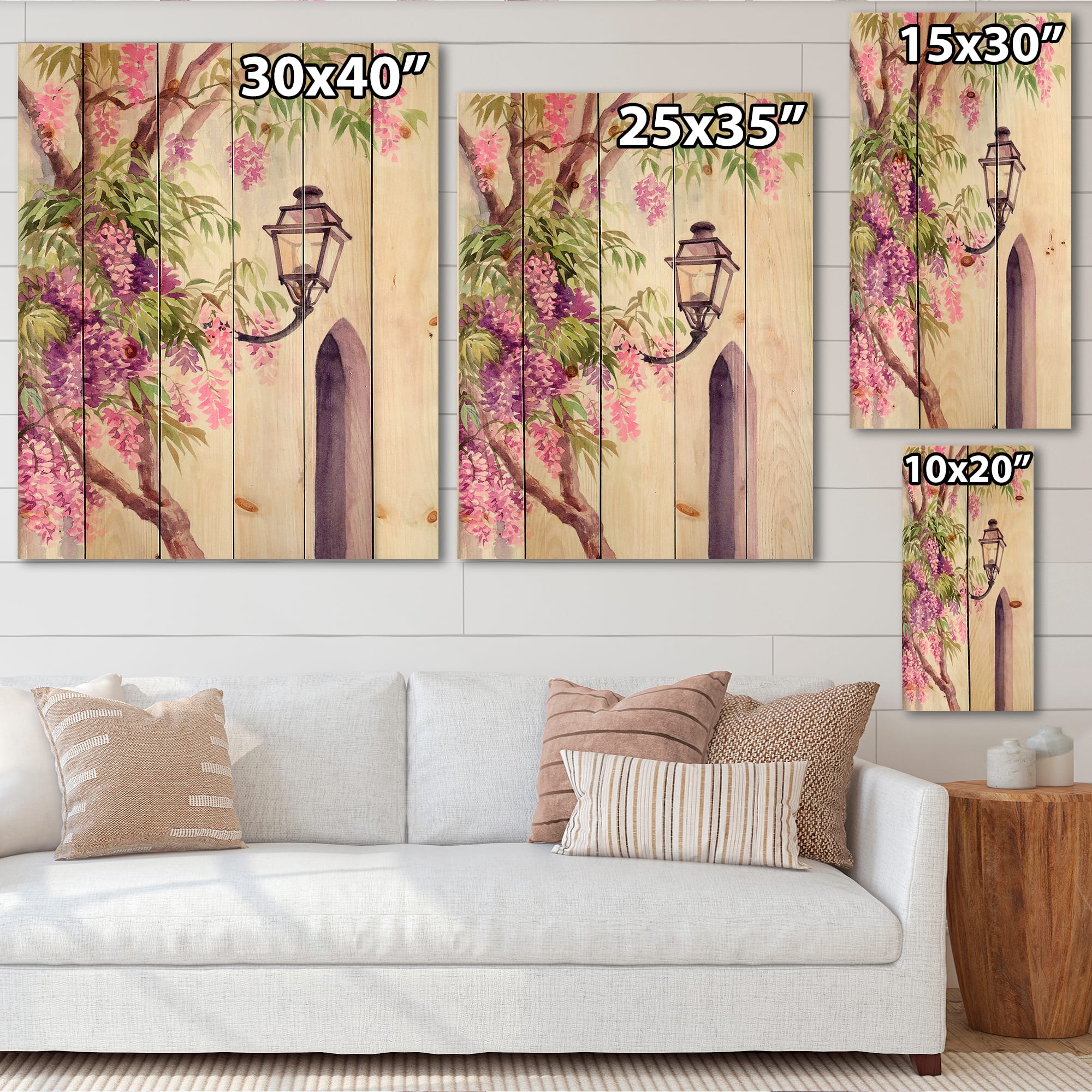 Designart - Wisteria and Lantern - Traditional Print on Natural Pine Wood