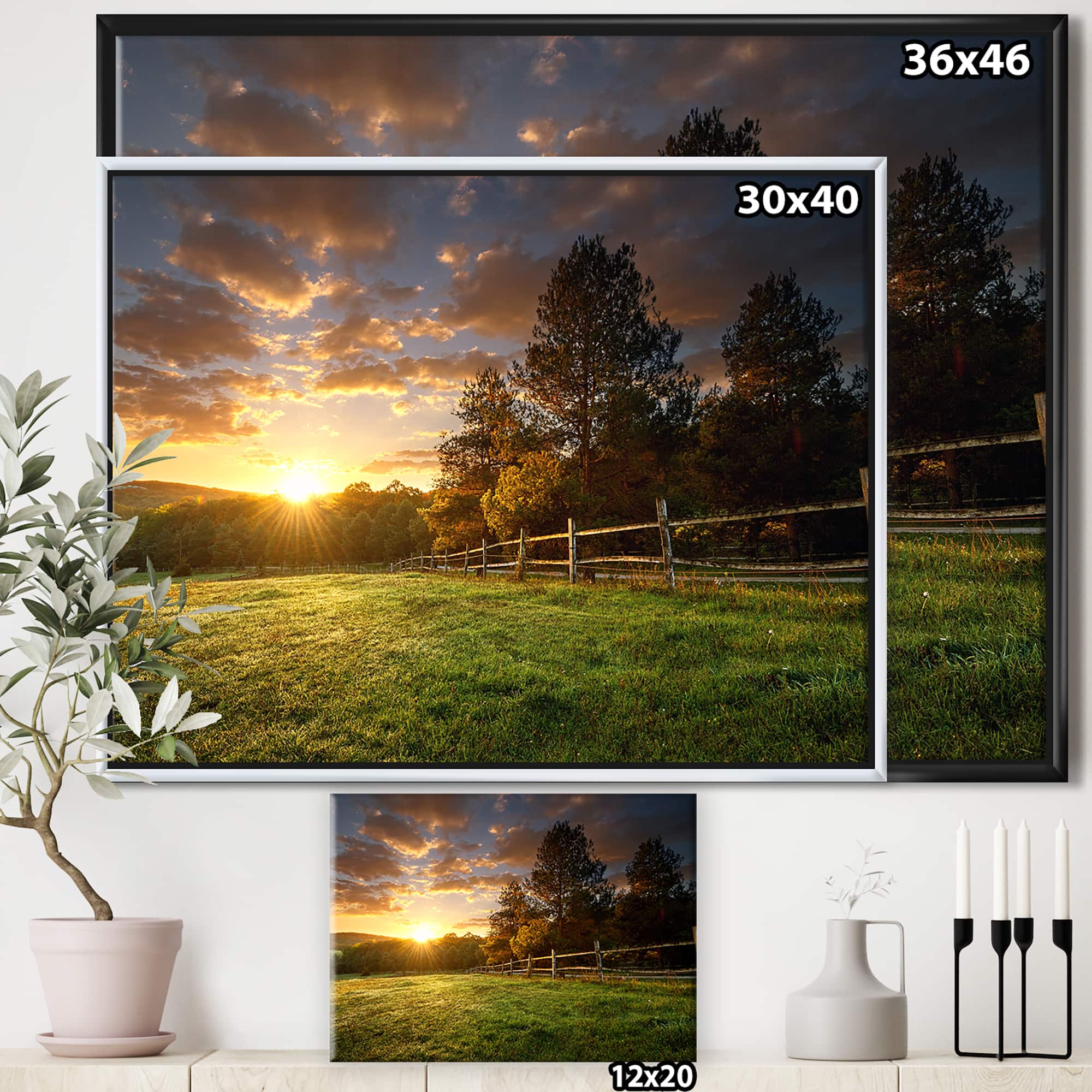 Designart - Fenced Ranch at Sunrise - Landscape Framed Canvas Art Print