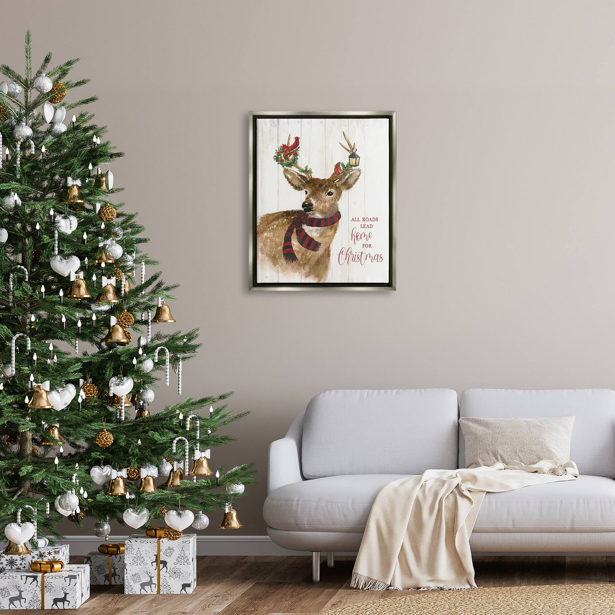 Stupell Industries All Roads Lead Home Christmas Deer Framed Floater Canvas Wall Art