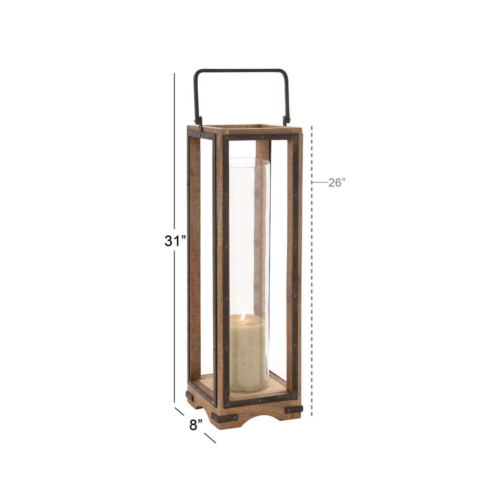 Brown Mango Wood Traditional Candle Holder Lantern, 31" x 8" x 8"
