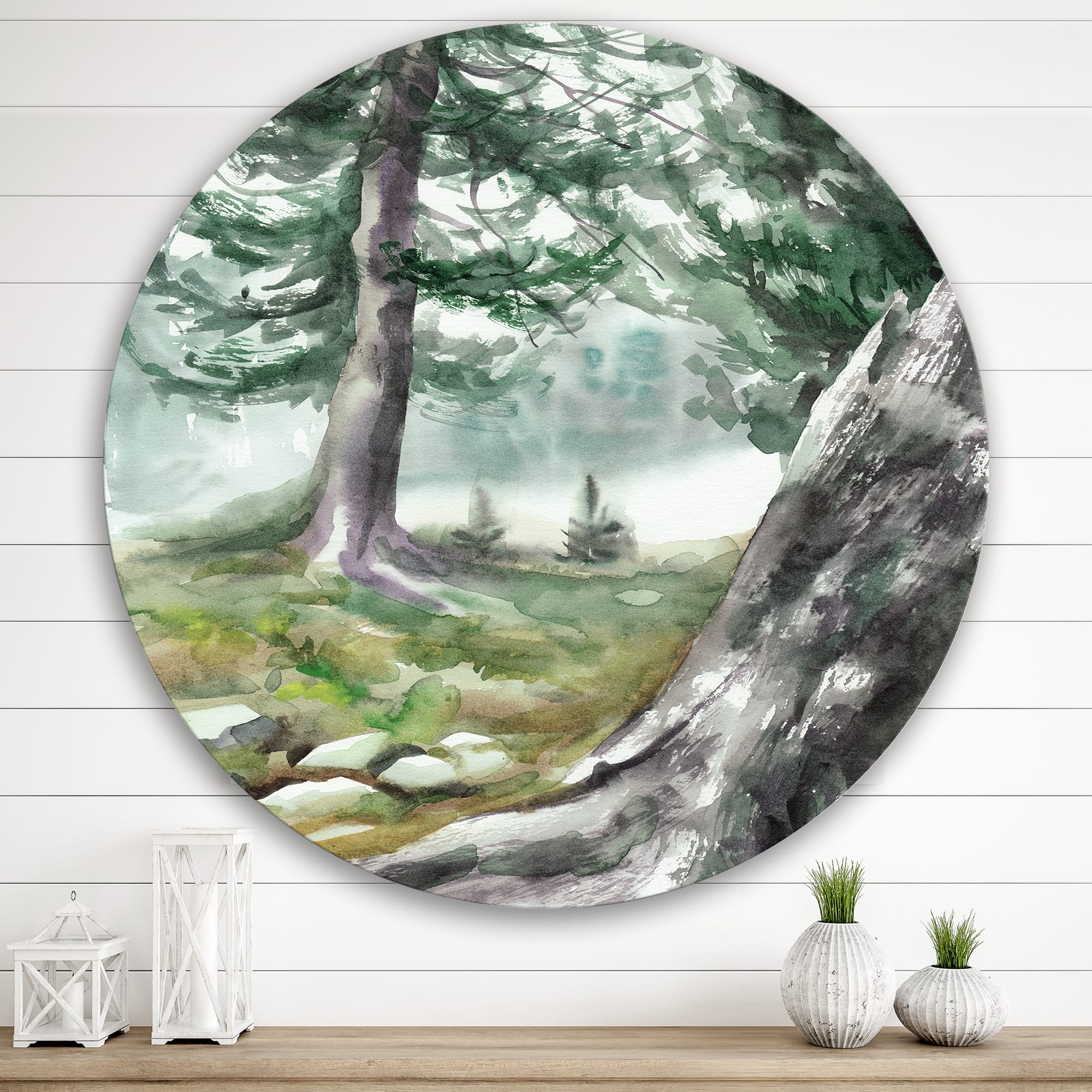 Designart - Pine Forest In The Early Morning - Lake House Metal Circle Wall Art
