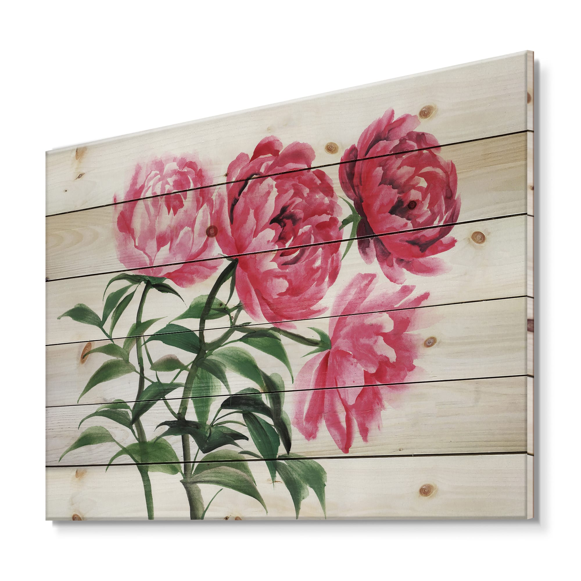 Designart - Four Vintage Pink Peonies - Traditional Print on Natural Pine Wood
