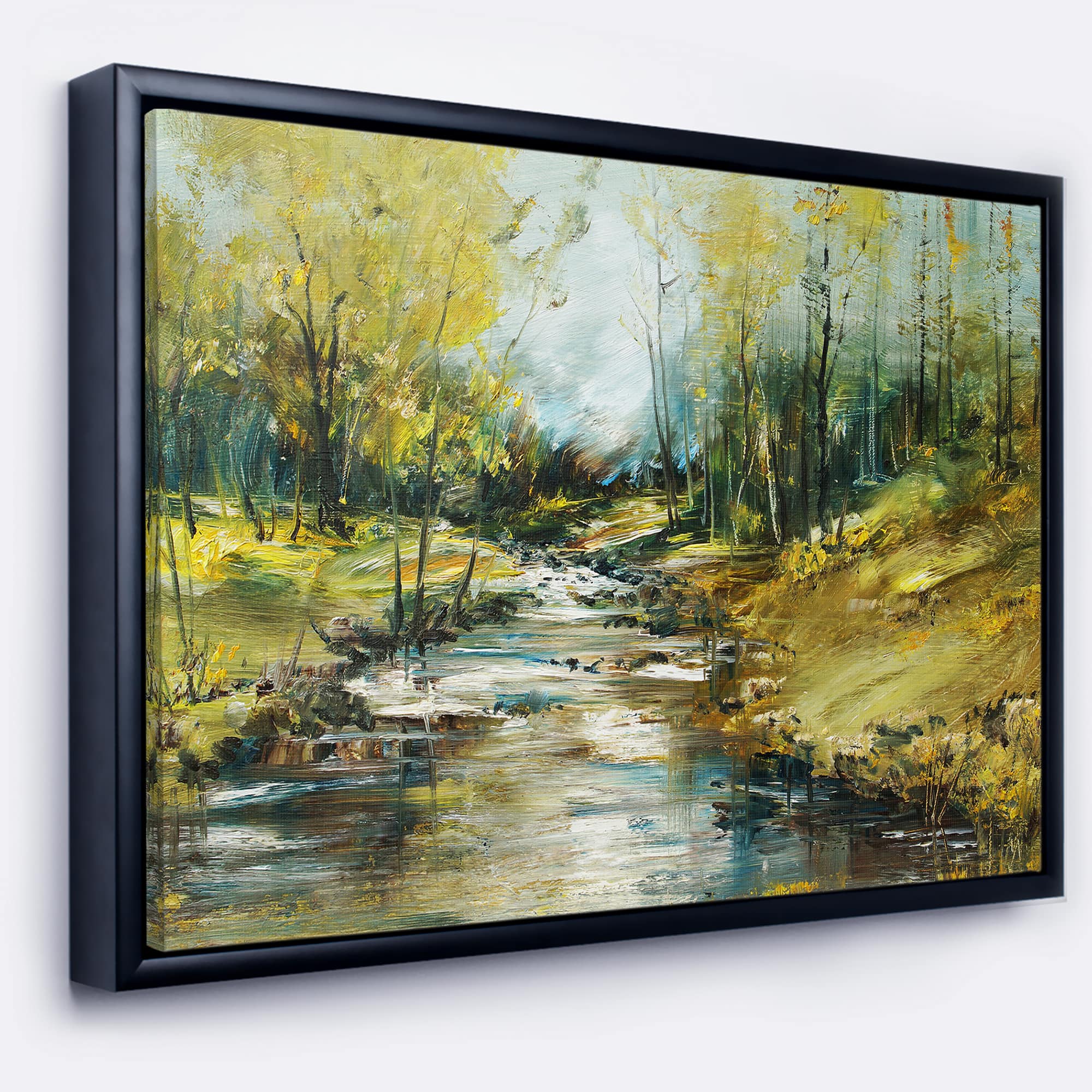 Designart - Creek in the Forest Oil Painting - Landscape Painting Canvas Print in Black Frame