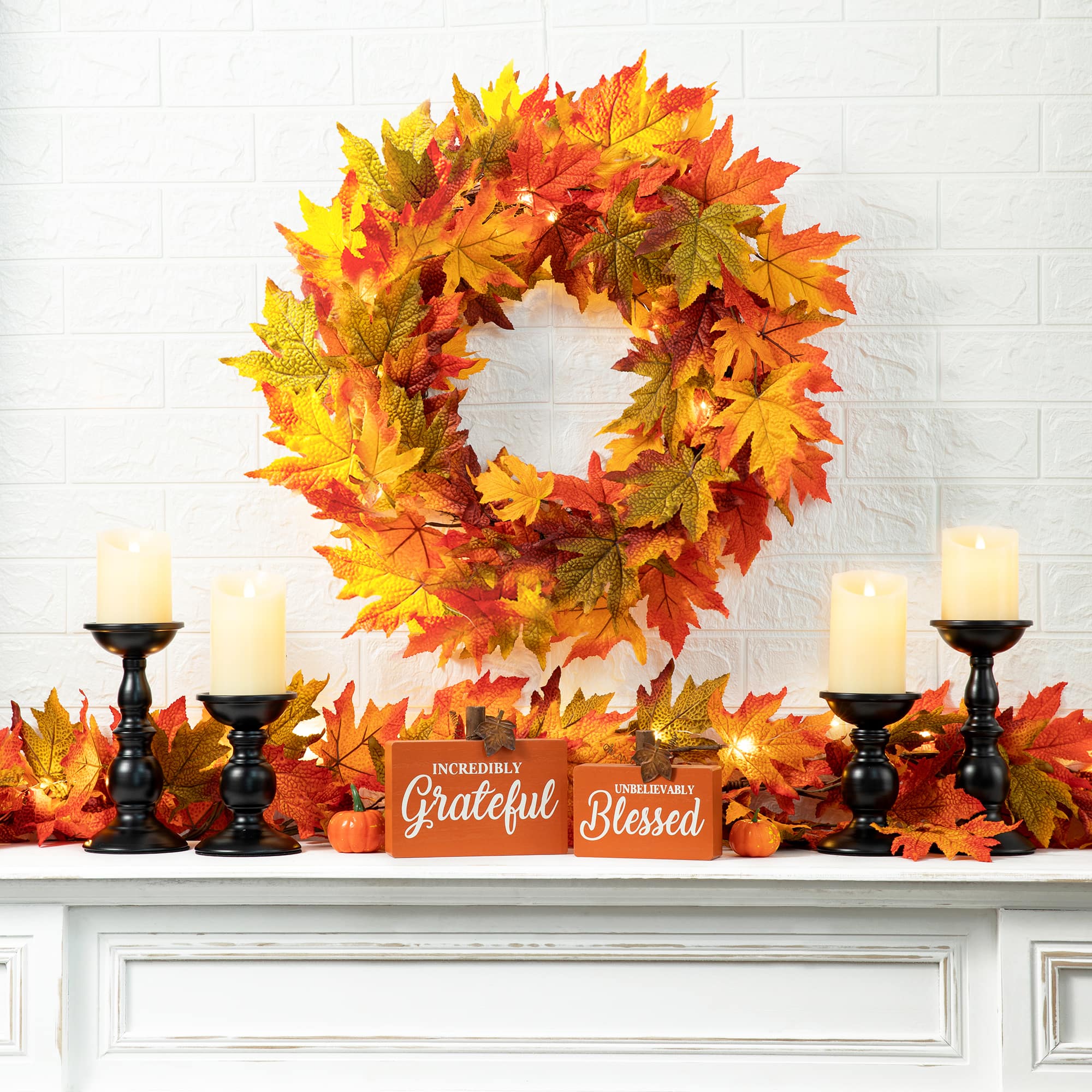 Glitzhome® 24" Fall Lighted Maple Leaves Wreath with Timer