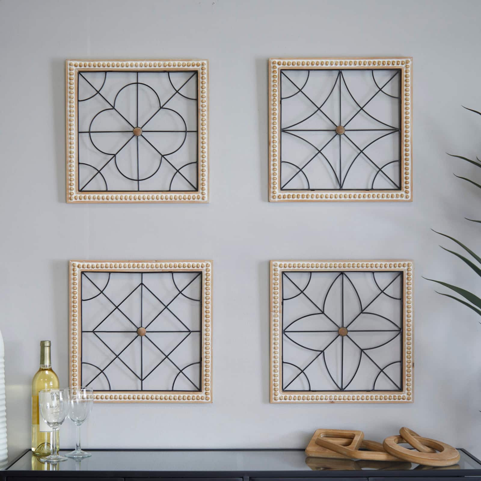 Brown Wood Carved Beading Geometric Wall Decor with Metal Wire Set of 4 16", 16"