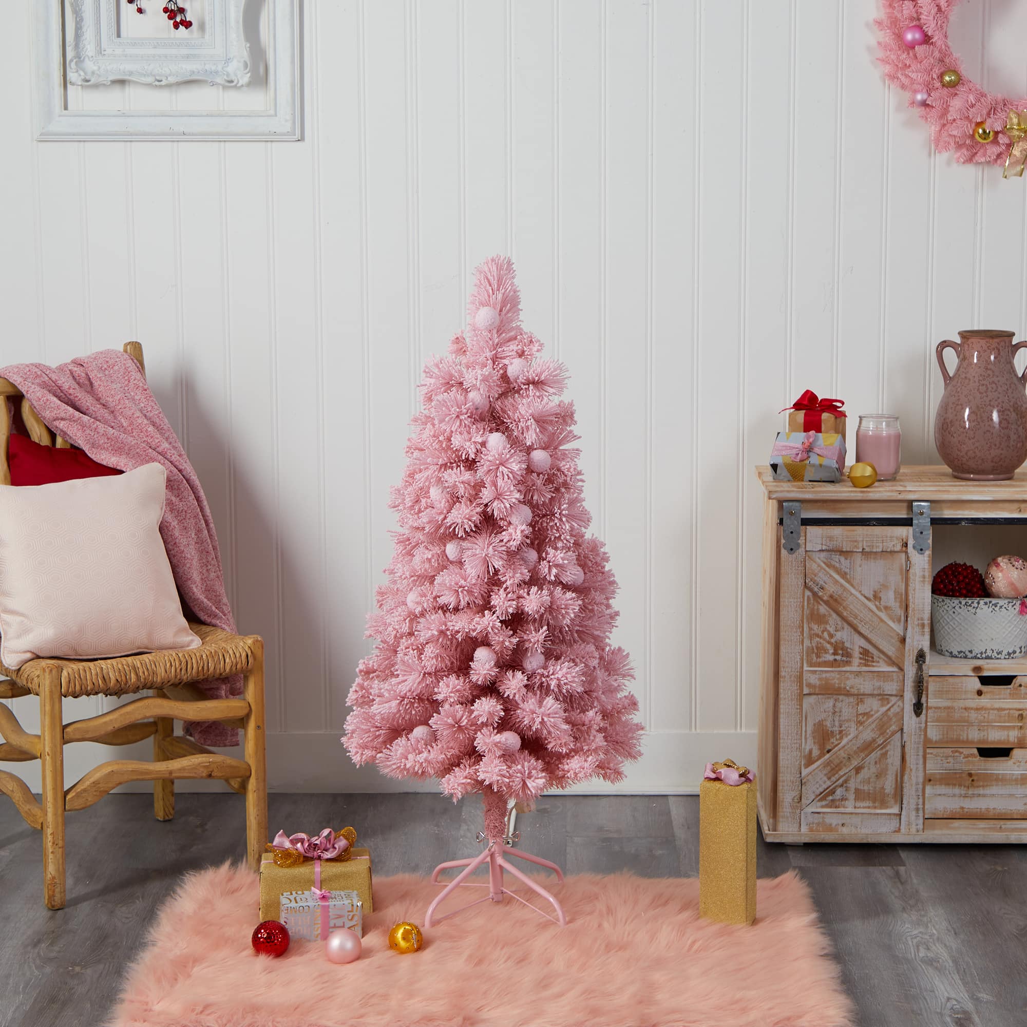 4ft. Pre-Lit Frosted Pink Cashmere Artificial Christmas Tree, Multicolor LED Lights