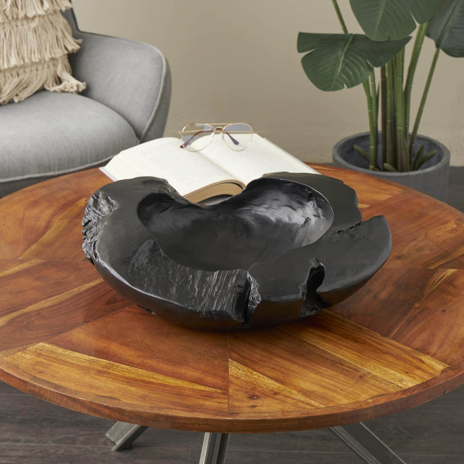 17.75" Black Teak Wood Handmade Live Edge Decorative Bowl