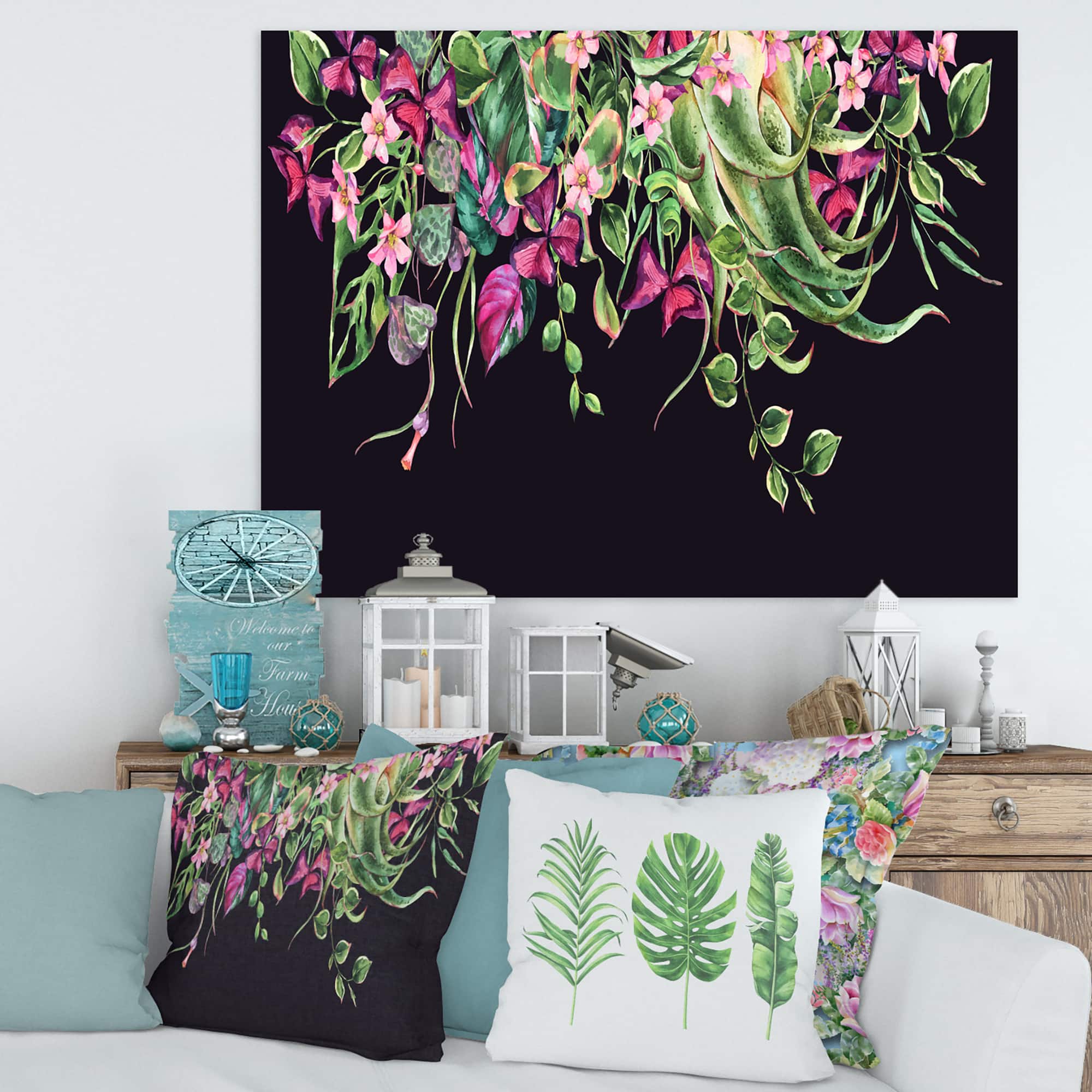 Designart - Floral Tropical Leaves Om Black