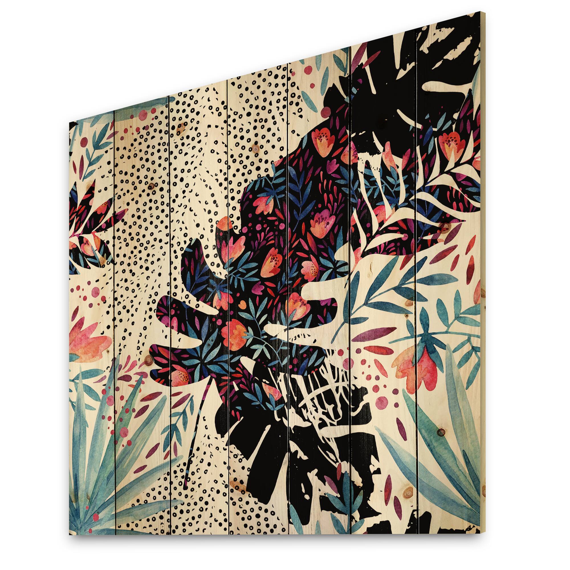 Designart - Tropical Floral Patchwork I - Tropical Print on Natural Pine Wood