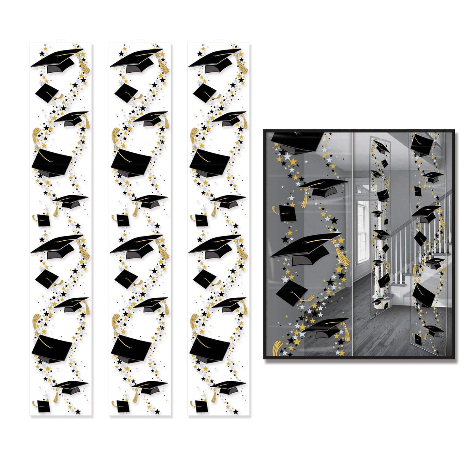 Beistle 6ft. Black & Gold Grad Caps Party Panels, 3ct.
