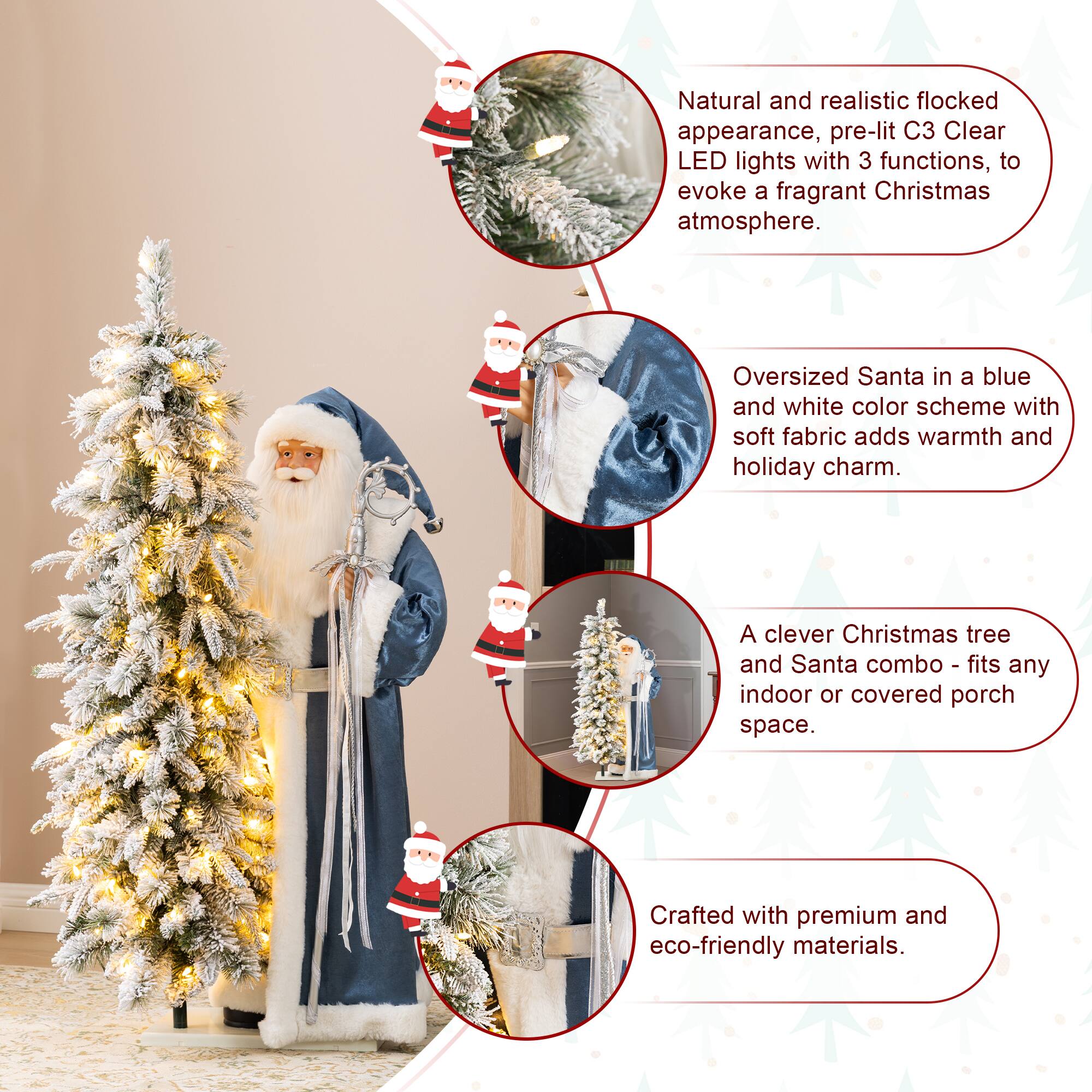 Glitzhome® 3.5ft. Oversized Deluxe Blue Christmas Santa with 4ft Lighted Flocked Artificial Christmas Tree