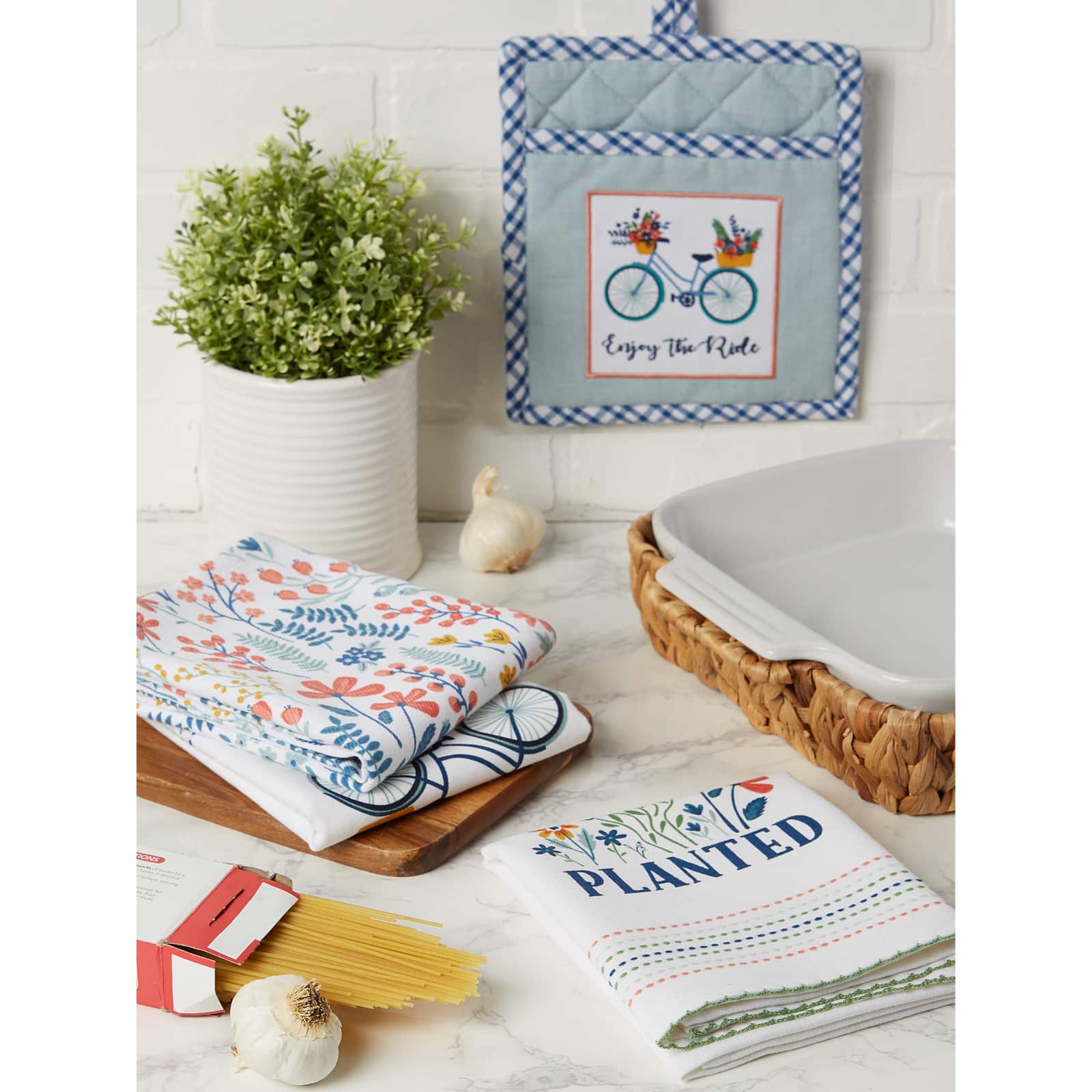 Easter Folk Garden Kitchen Textiles, Potholder & Dishtowel, Enjoy the Ride Set