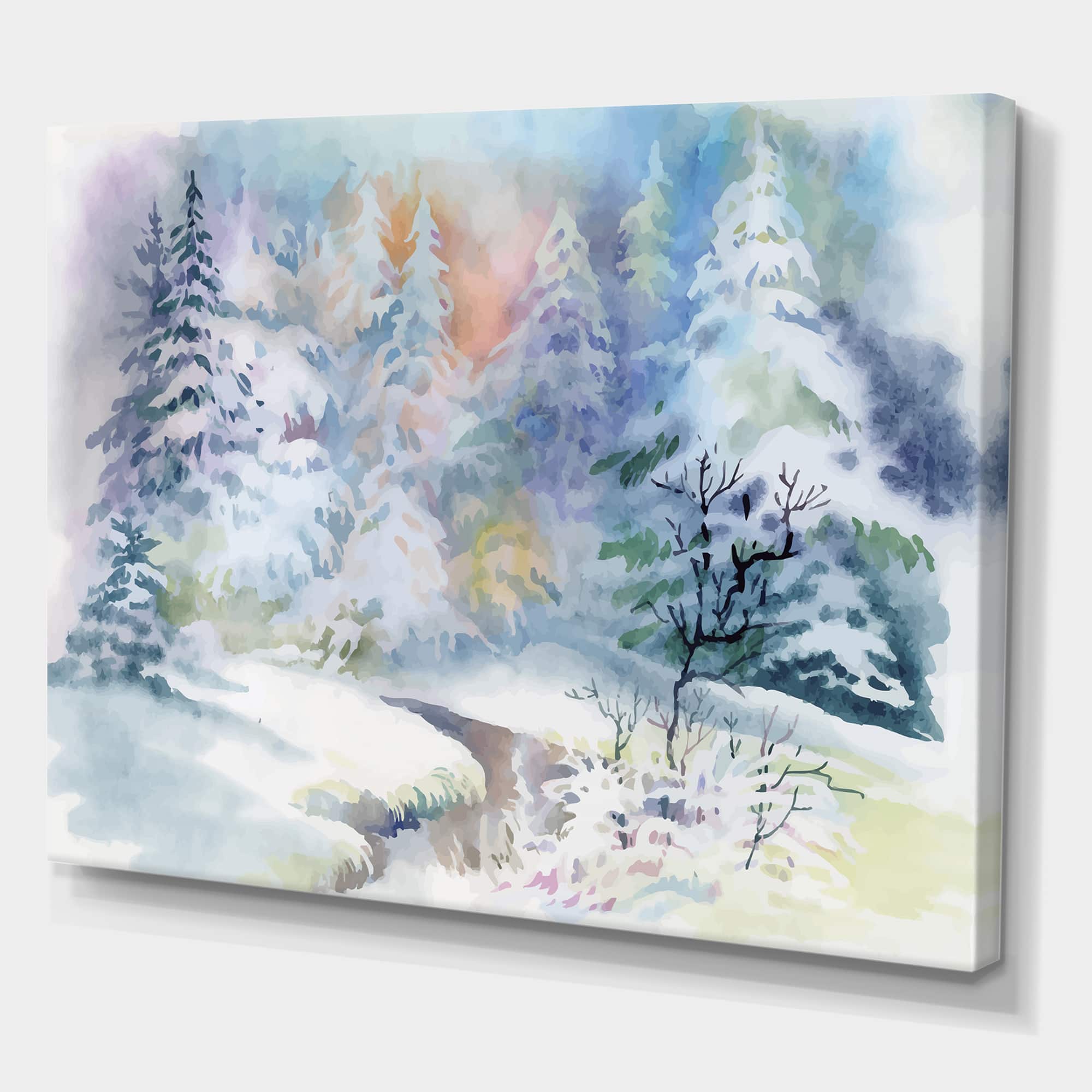 Designart - Winter Landscape With Snowy River I - Traditional Canvas Wall Art Print