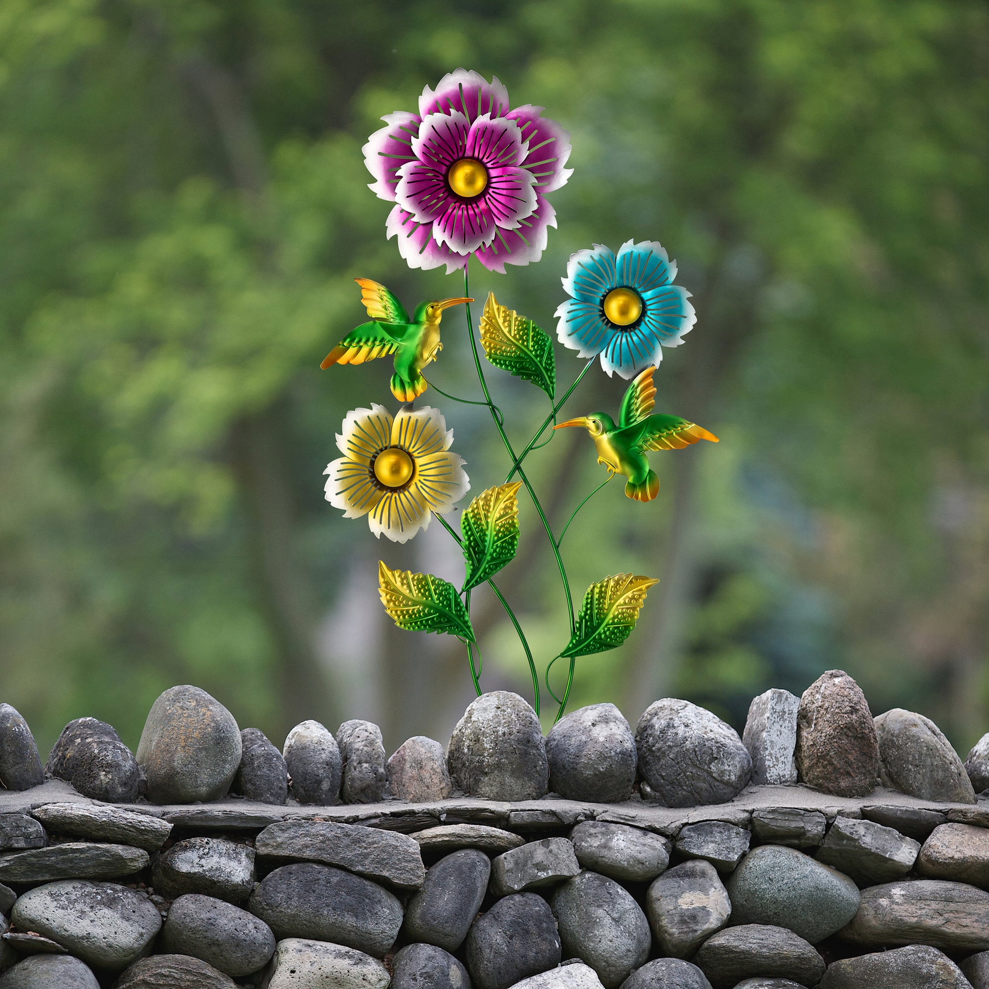 Glitzhome® 34" Flowers & Hummingbirds Garden Stake