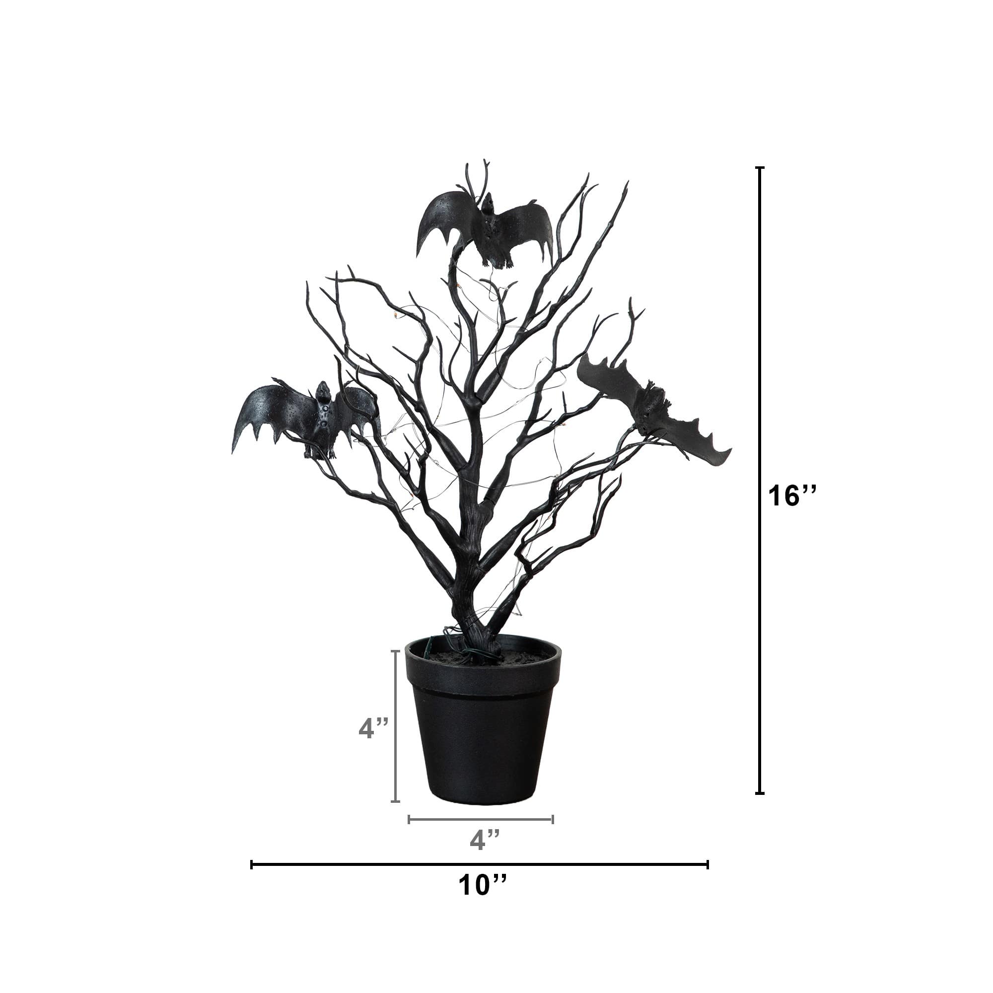 16" Pre-Lit Artificial Halloween Black Spooky Twig Tree with Bats and 20 Orange & Purple LED Lights