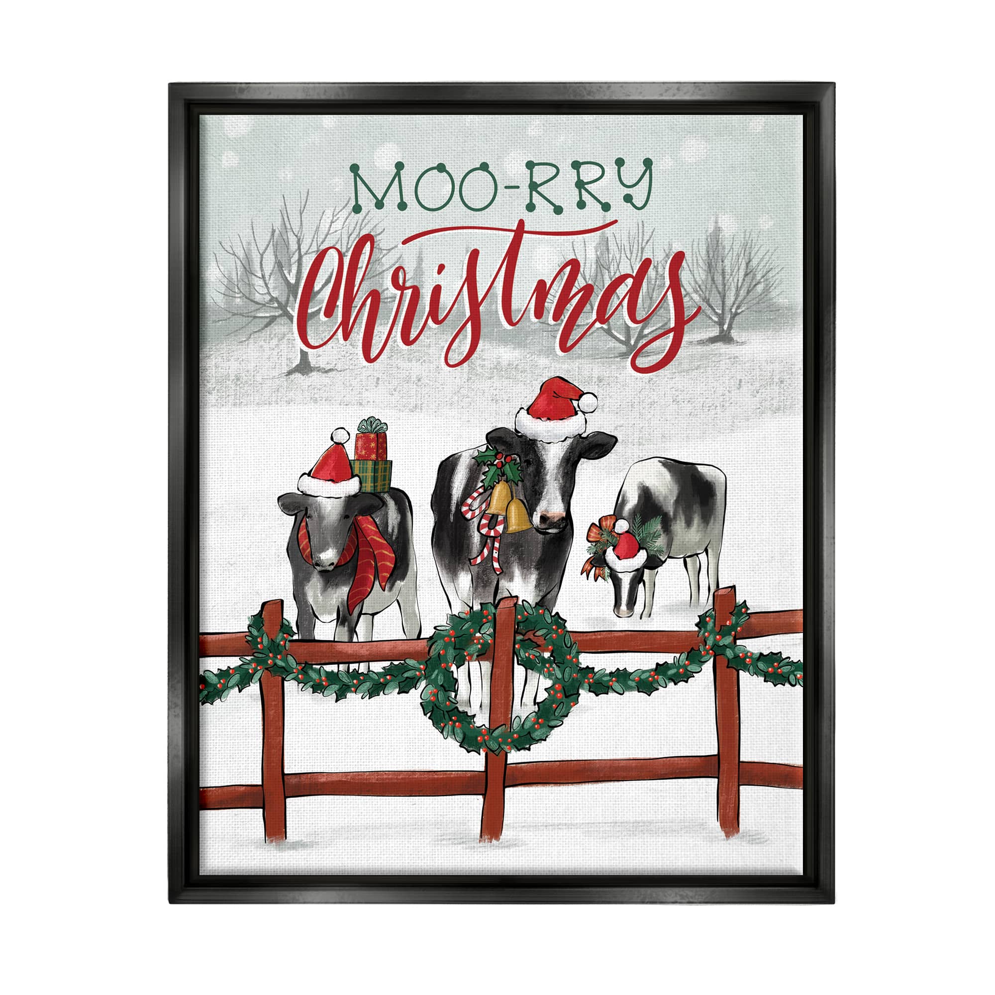 Stupell Industries Moo-rry Christmas Holiday Snowy Cows Framed Floater Canvas Wall Art