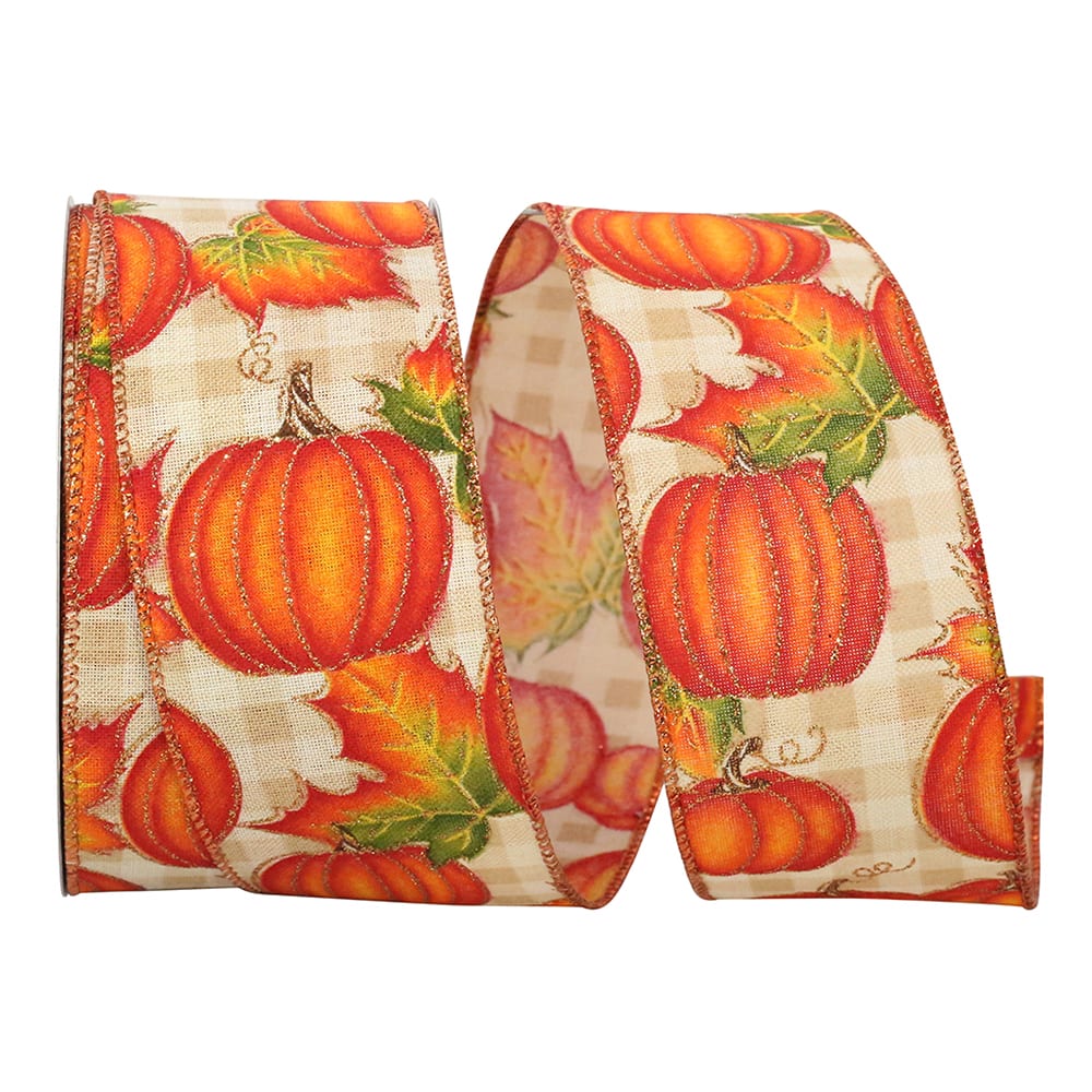 Reliant 2.5" x 20yd. Wired Natural Pumpkin Gingham Check Sparkle Ribbon