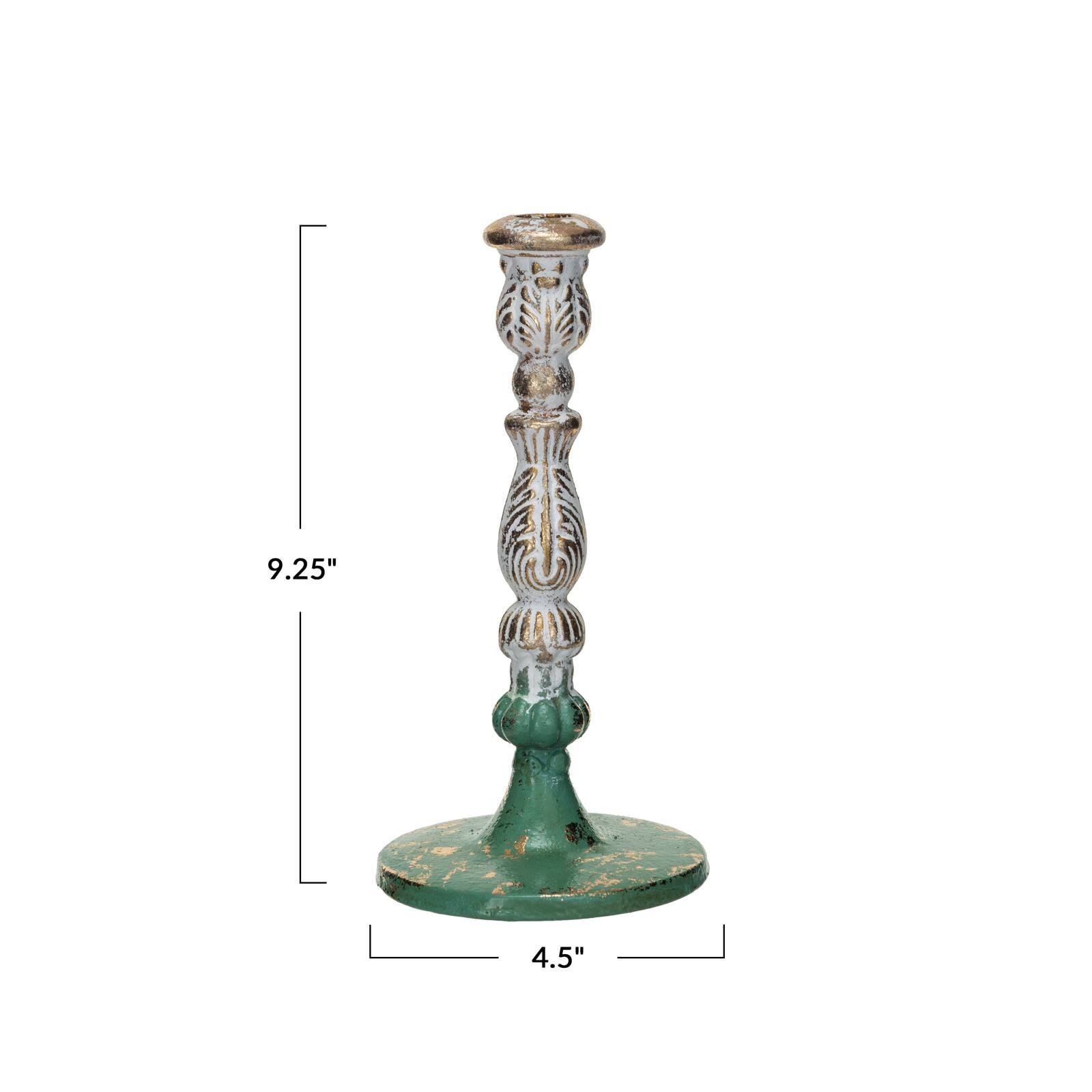Hello Honey® 9.25" Green, Gold and Cream Distressed Cast Metal Taper Candleholder