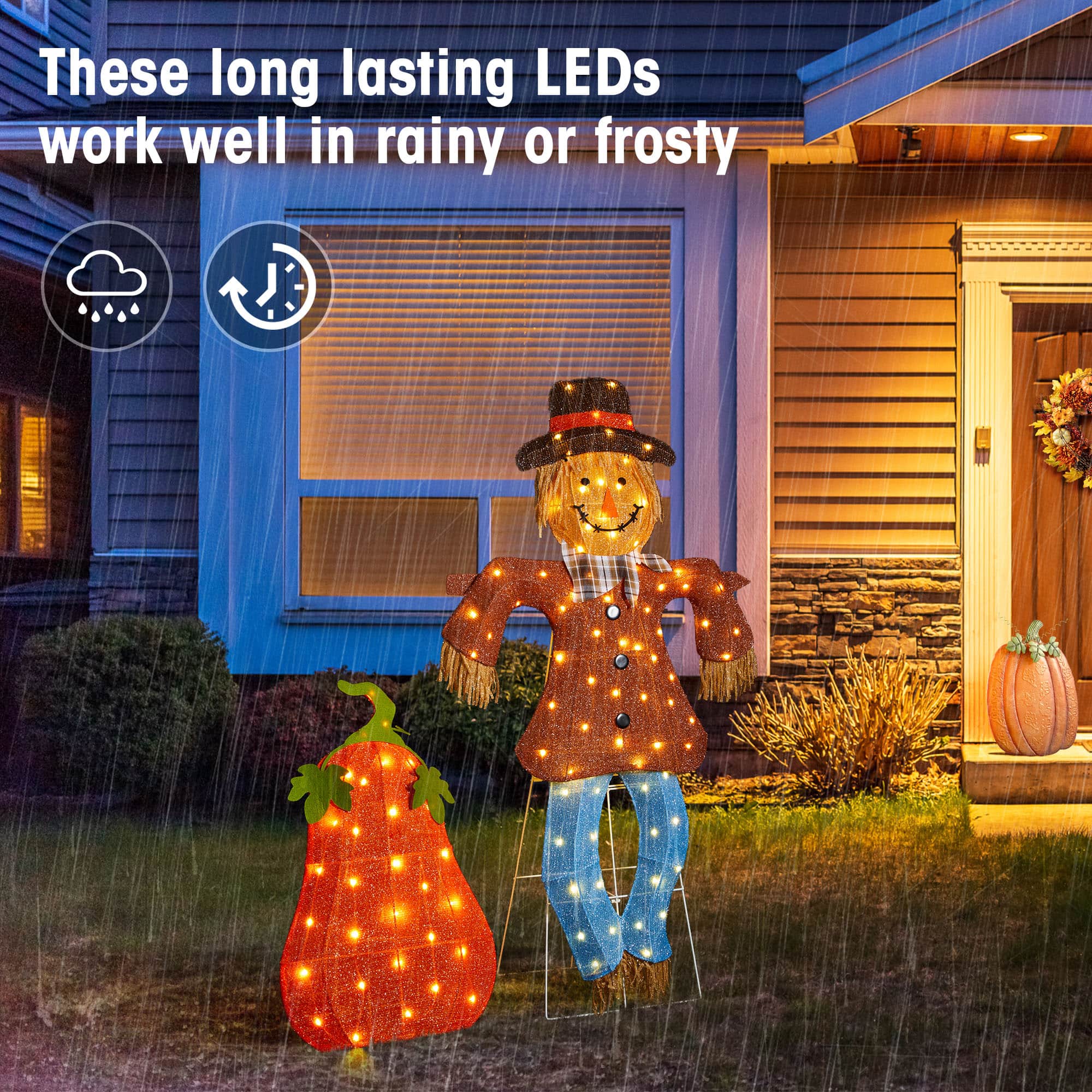 Glitzhome® Lighted Fall Scarecrow & Pumpkin Outdoor Decor with Warm White LED Lights Set