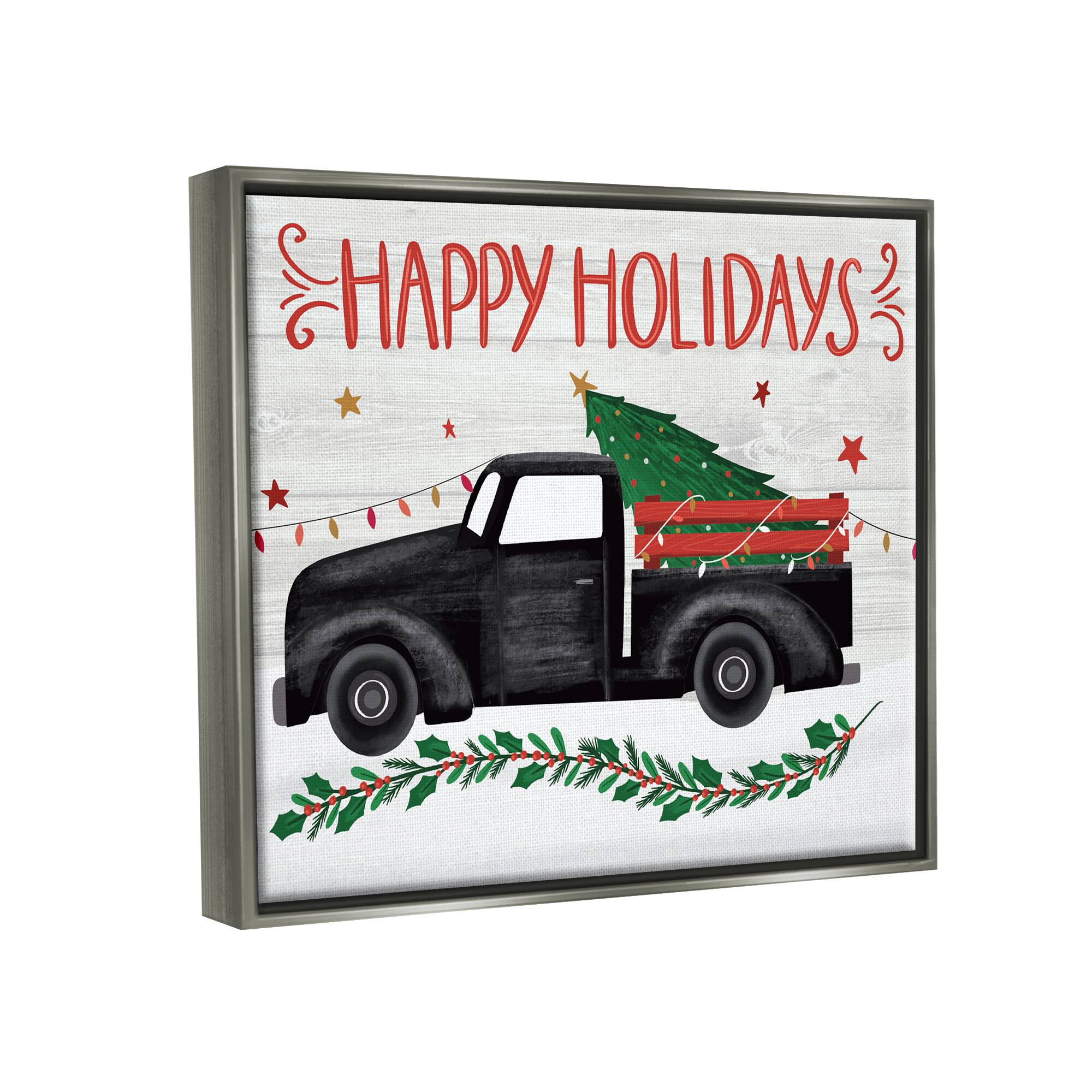 Stupell Industries Happy Holidays Christmas Tree Truck Framed Floater Canvas Wall Art