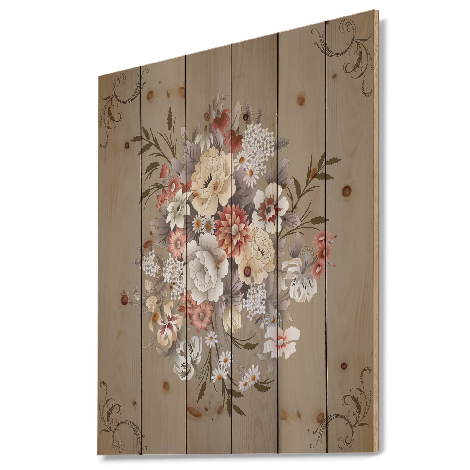 Designart - White and Yellow Floral Pattern - Floral Print on Natural Pine Wood