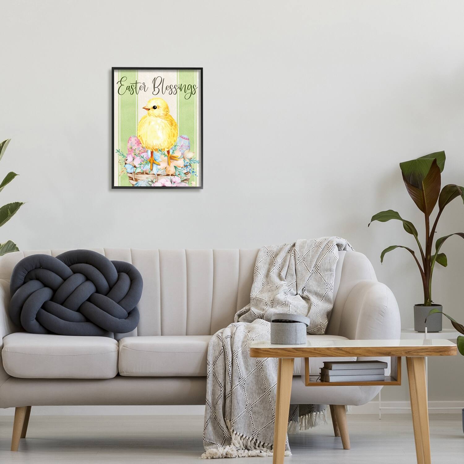 Stupell Industries Easter Blessings Text Striped Yellow Chick Egg Basket Framed Giclee Art