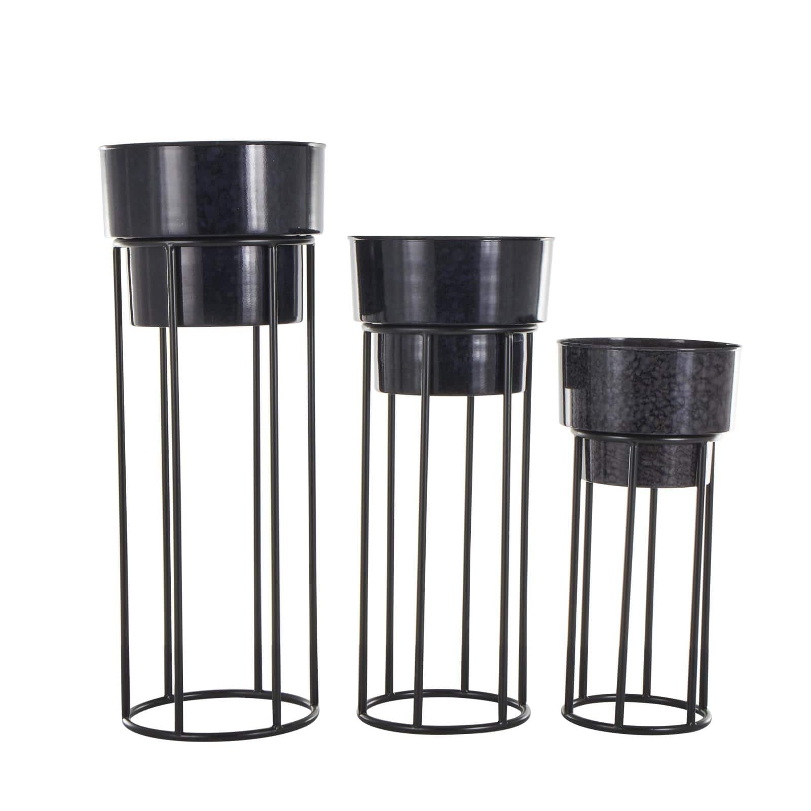 Black Metal Wash Textured Planter with Open Framed Black Caged Base Set