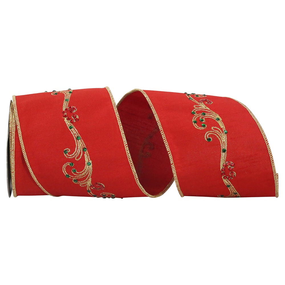 Reliant 4" x 5yd. Embroidered Jeweled Filigree Deluxe Dupioni Wired Ribbon