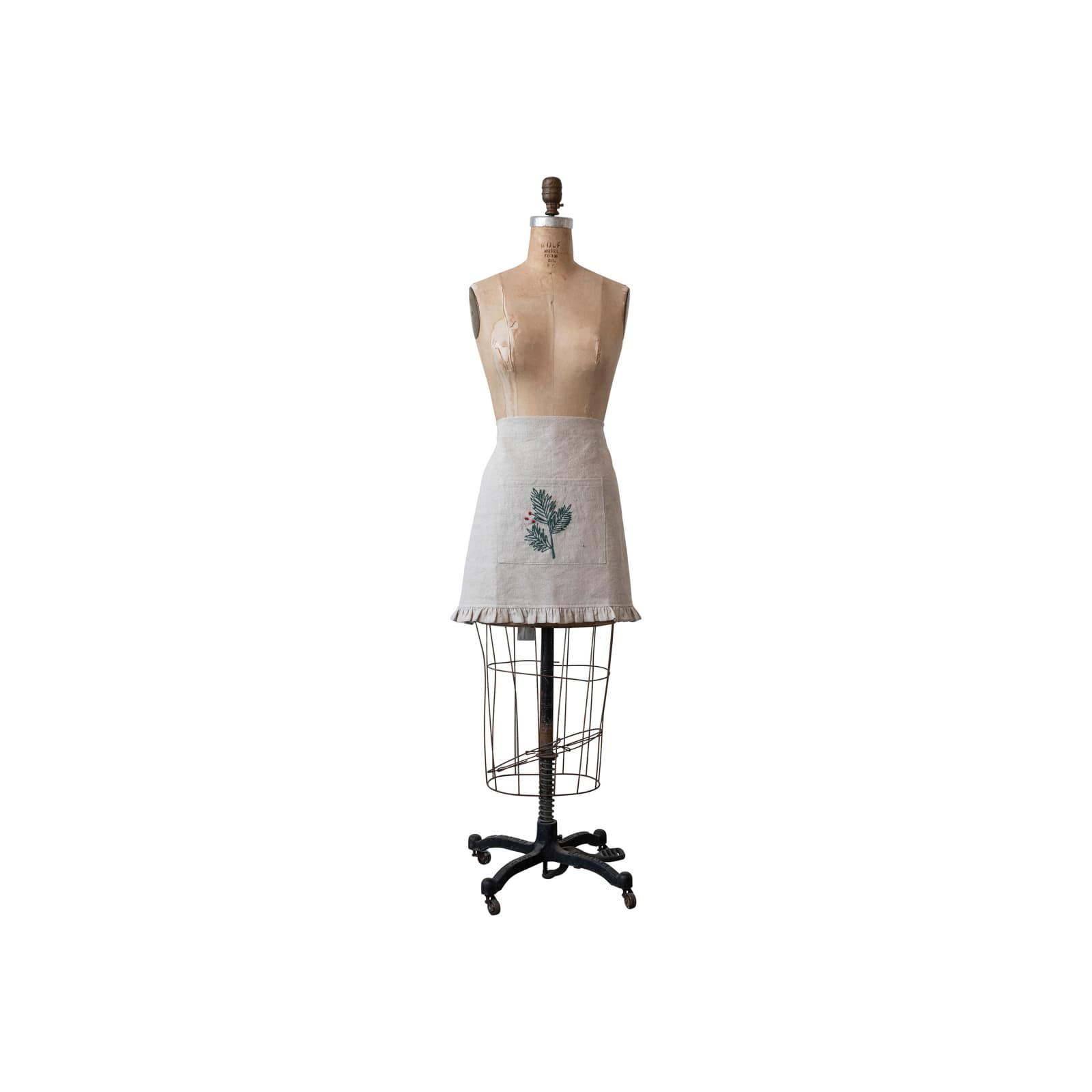 Hello Honey® Natural, Green & Red Woven Cotton & Linen Half Apron with Hand-Embroidered Holly, French Knots, Pocket & Ruffle