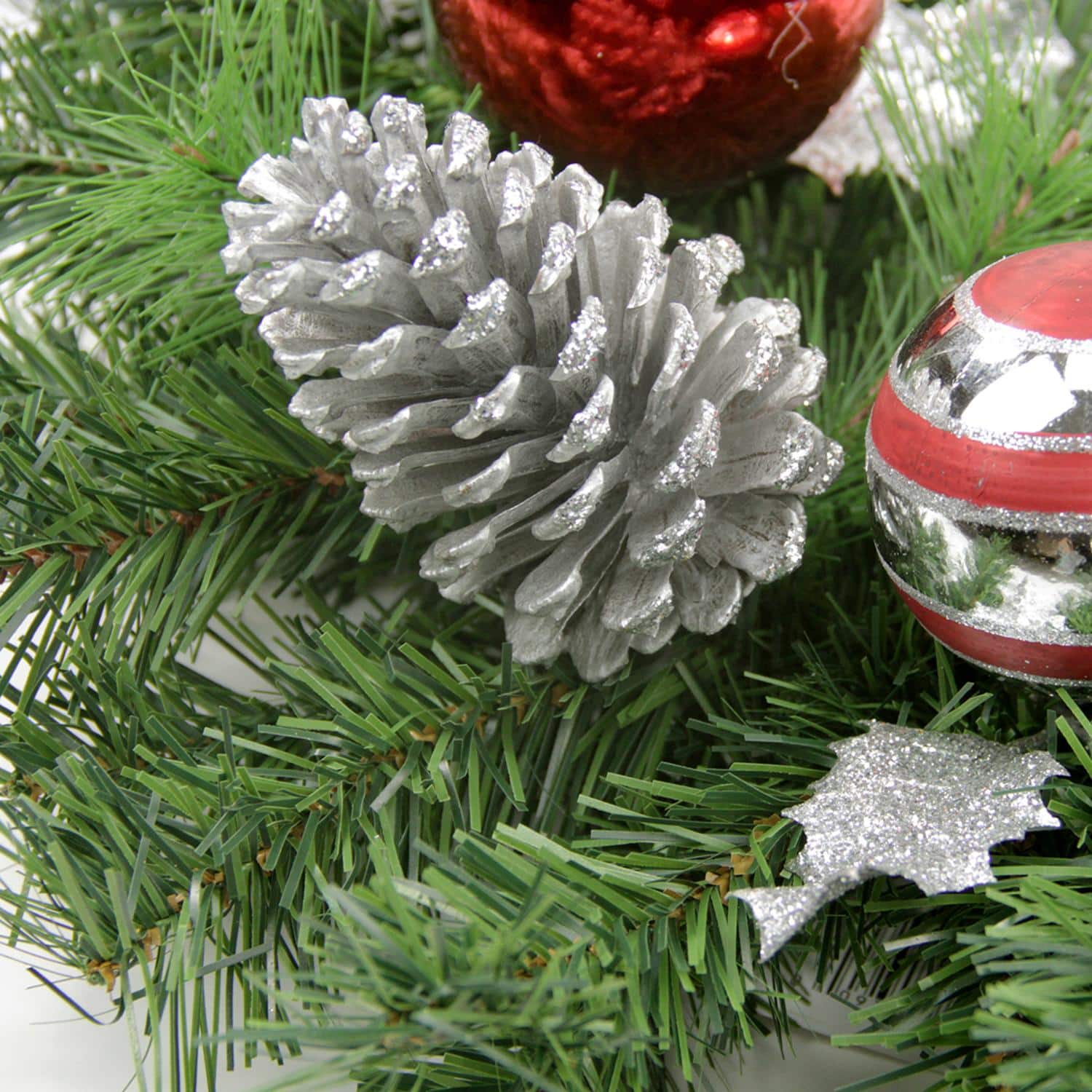 24" Unlit Red & Silver Holly Ball & Pine Cone Teardrop Swag