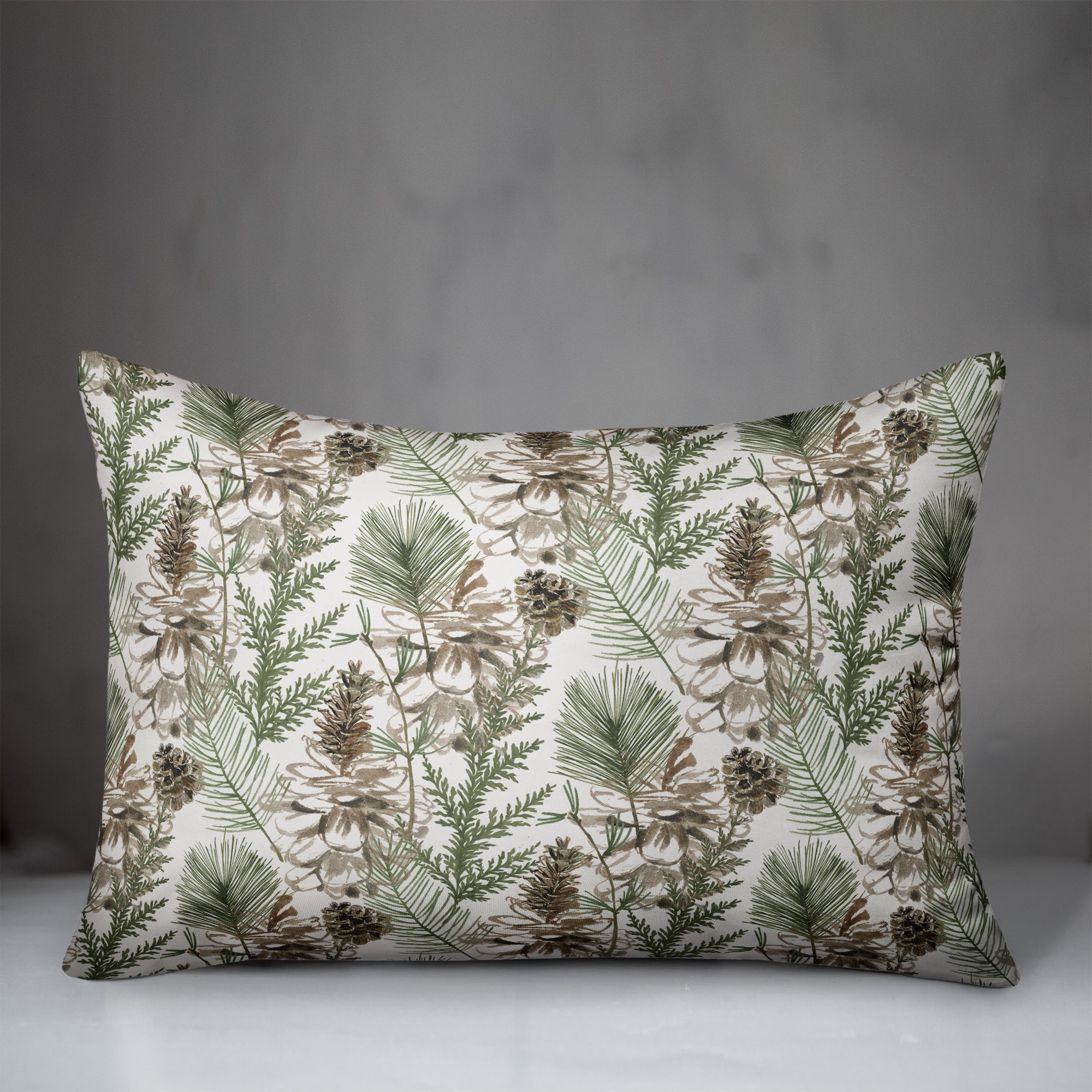 Pinecones & Greenery on White Rectangle Throw Pillow
