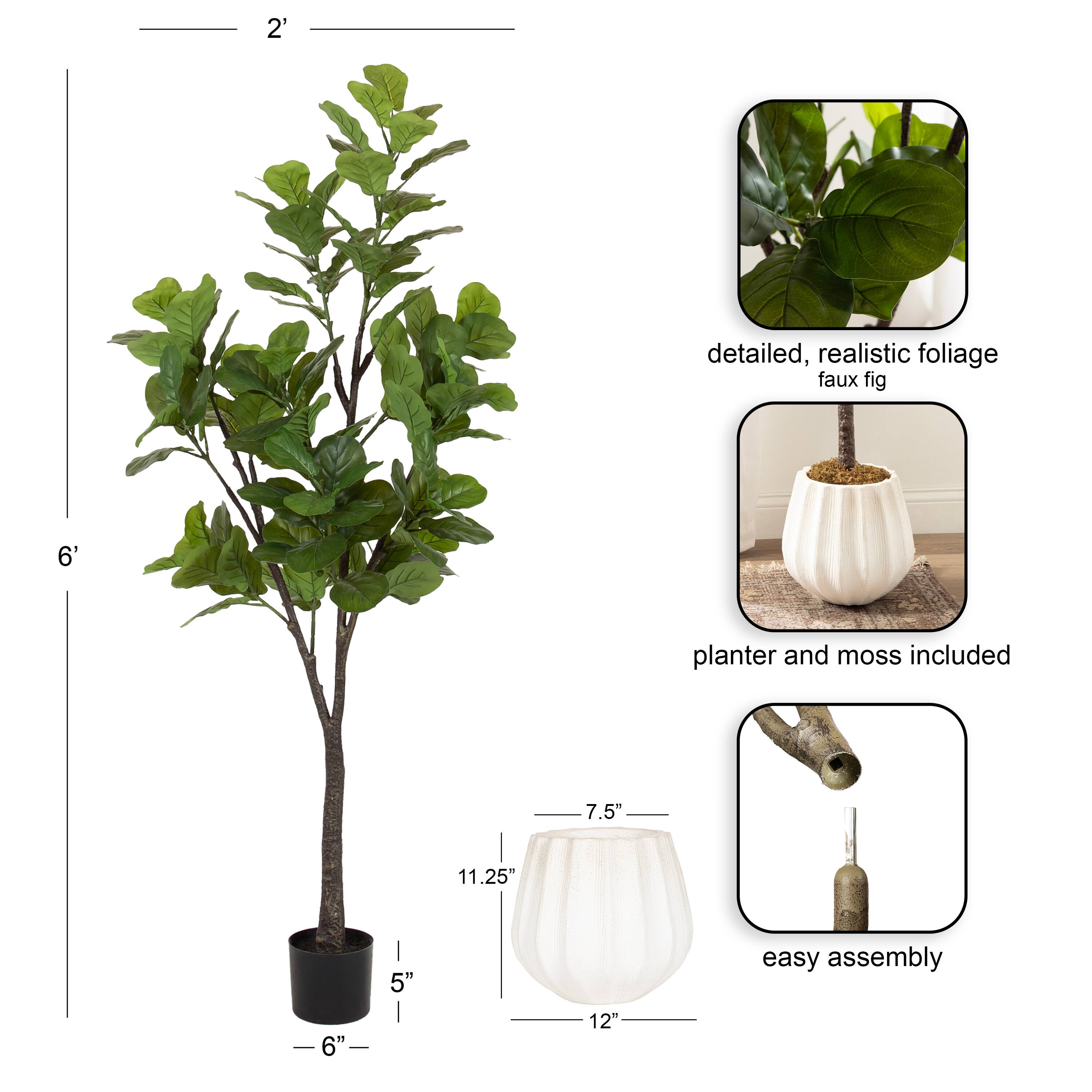 Kate and Laurel Fidmont 6ft. Faux Fiddle Fig Tree with Claudel Scalloped Planter