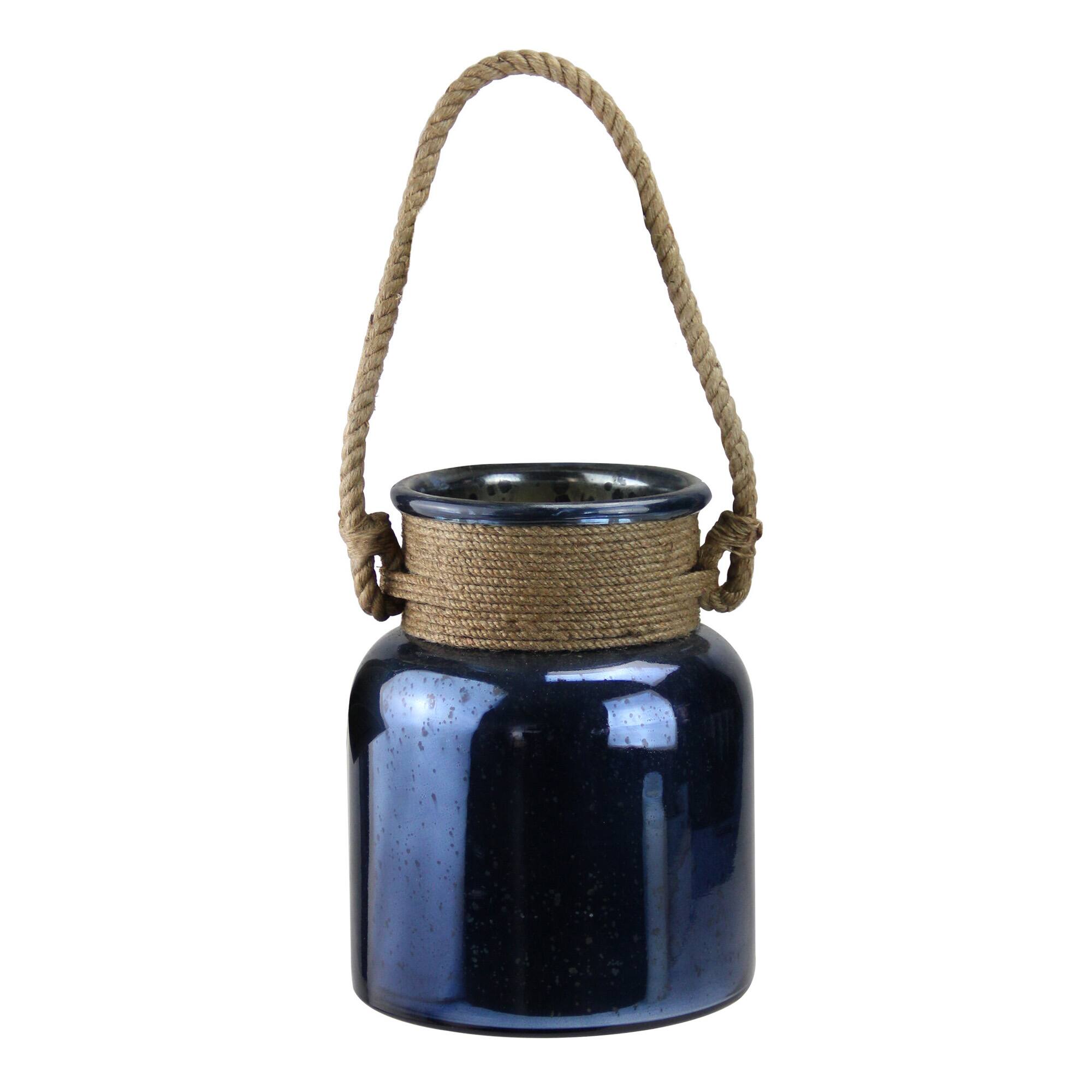 9.5" Seaside Treasures Majolica Blue Glass Hurricane With Rope Handle