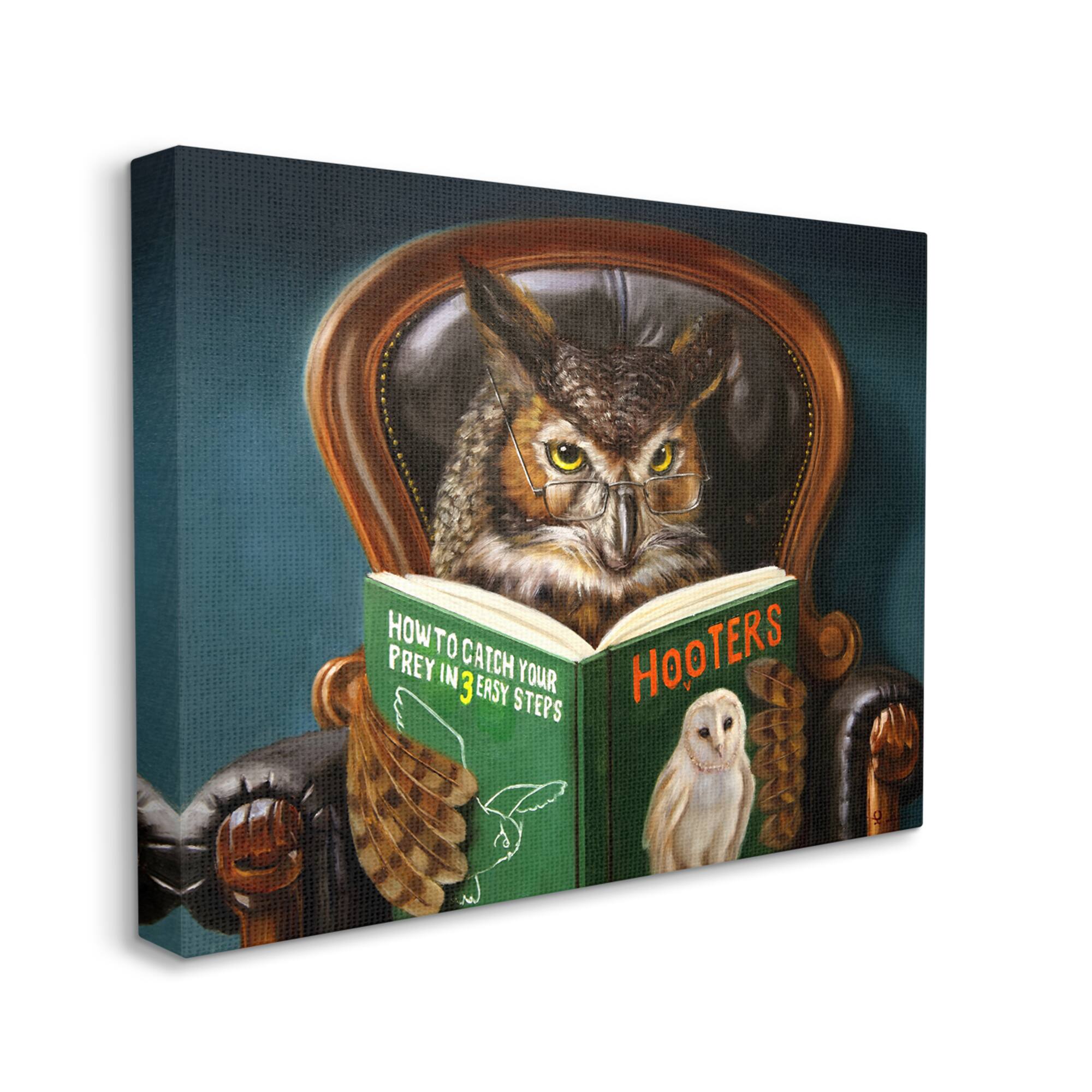 Stupell Industries Funny Owl Reading Leather Chair Hoot Book Canvas Wall Art
