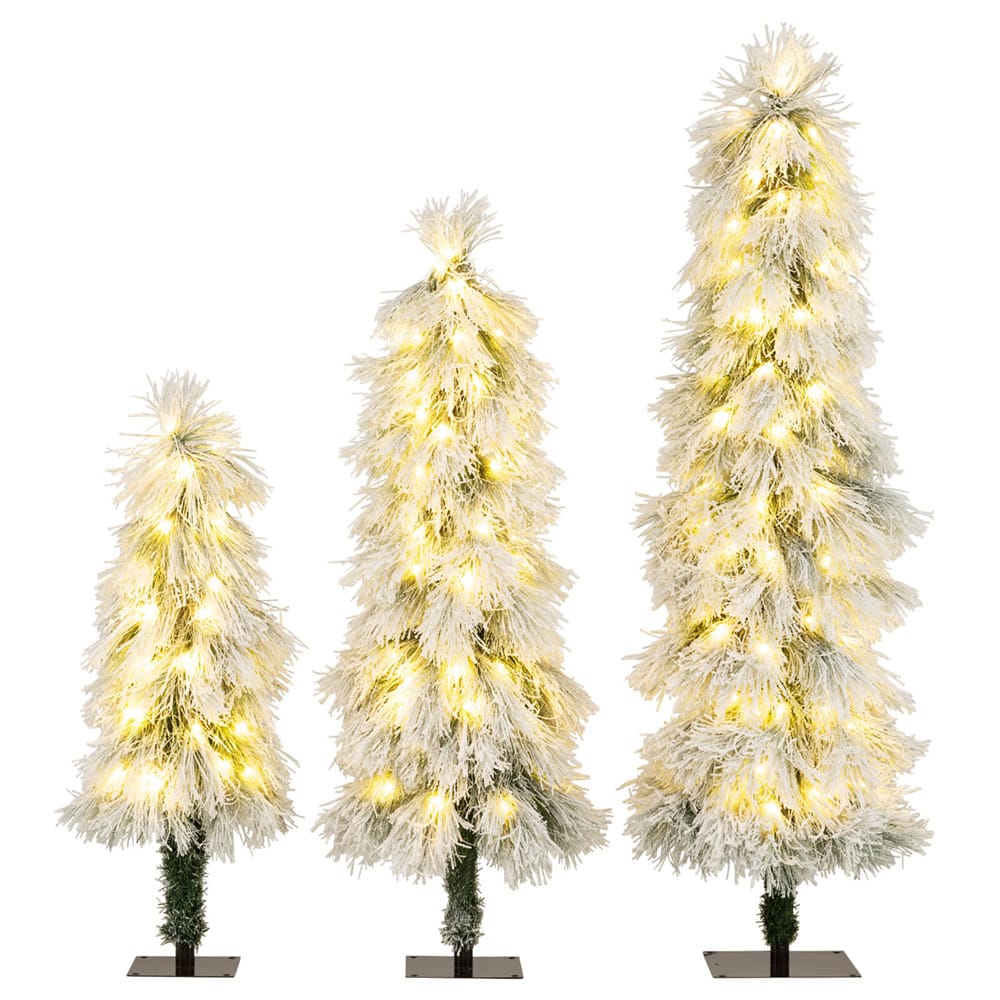 3ft., 4ft., 5ft. Pre-Lit Snow-Pressed Artificial Christmas Tree Set, Warm White LED Lights