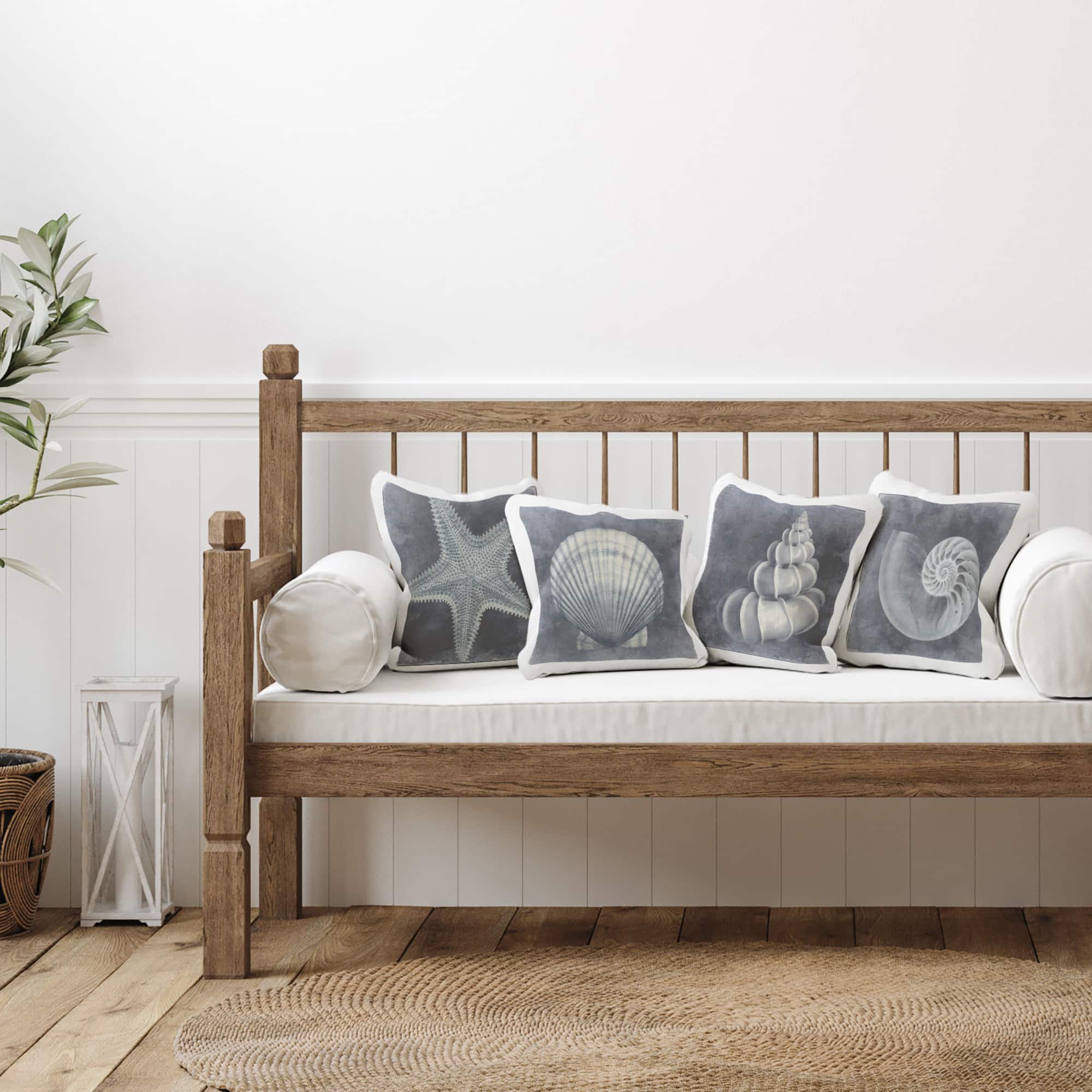 Stupell Industries Nautical Distressed Seashells and Starfish Blue White 4 Pillows, Each 18" x 18"