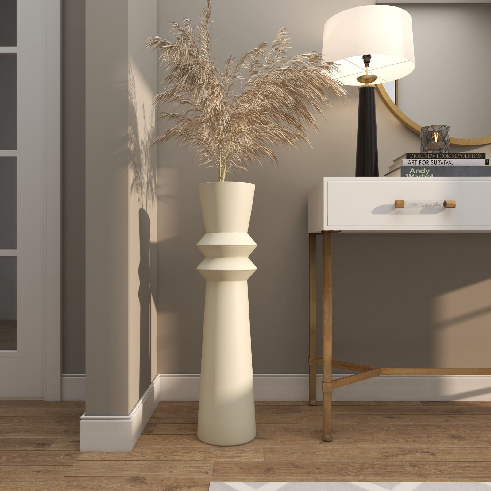 2.5ft. Cream Metal Tall Art Deco Fluted Floor Vase