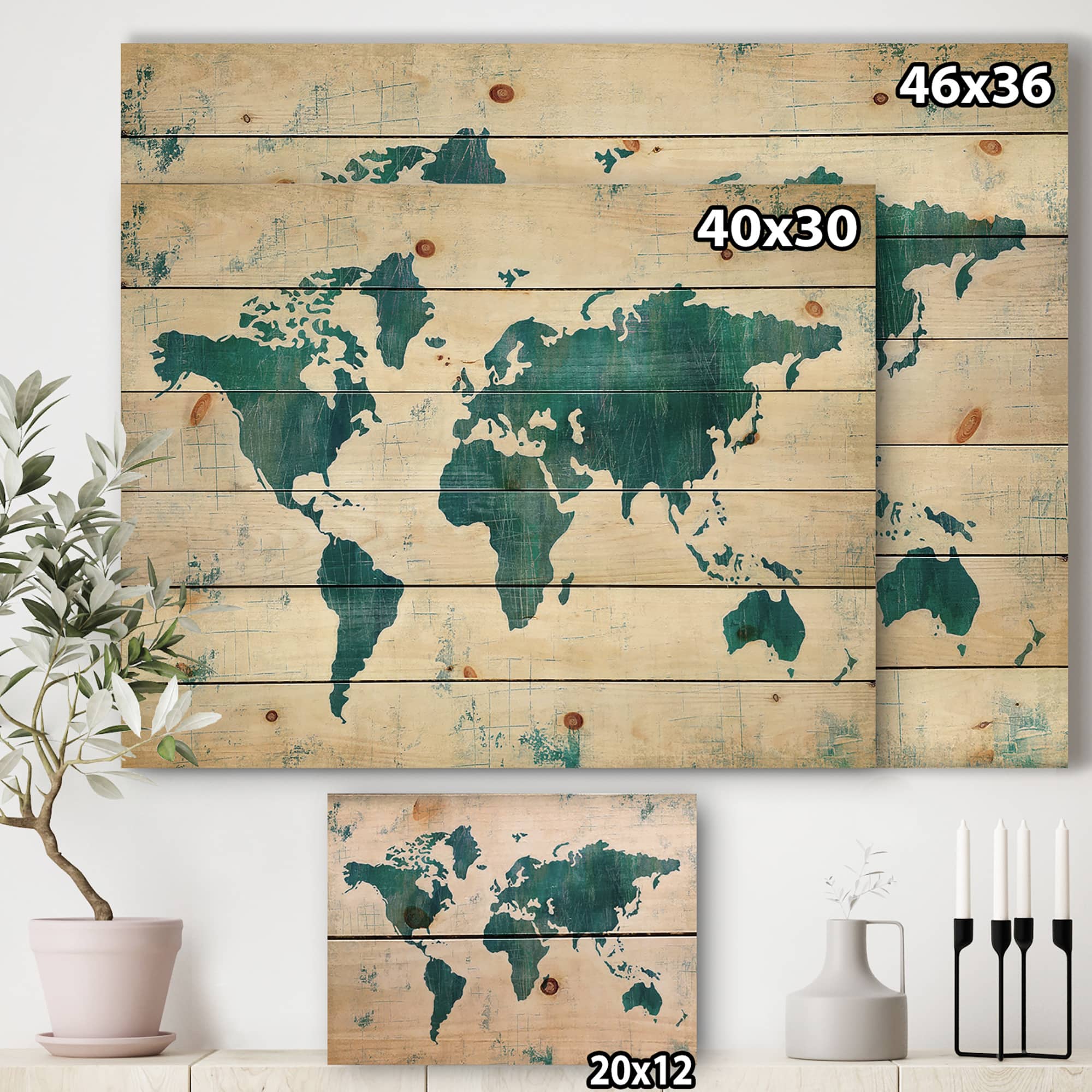 Designart - Discover the World Map in Blue - Traditional Print on Natural Pine Wood
