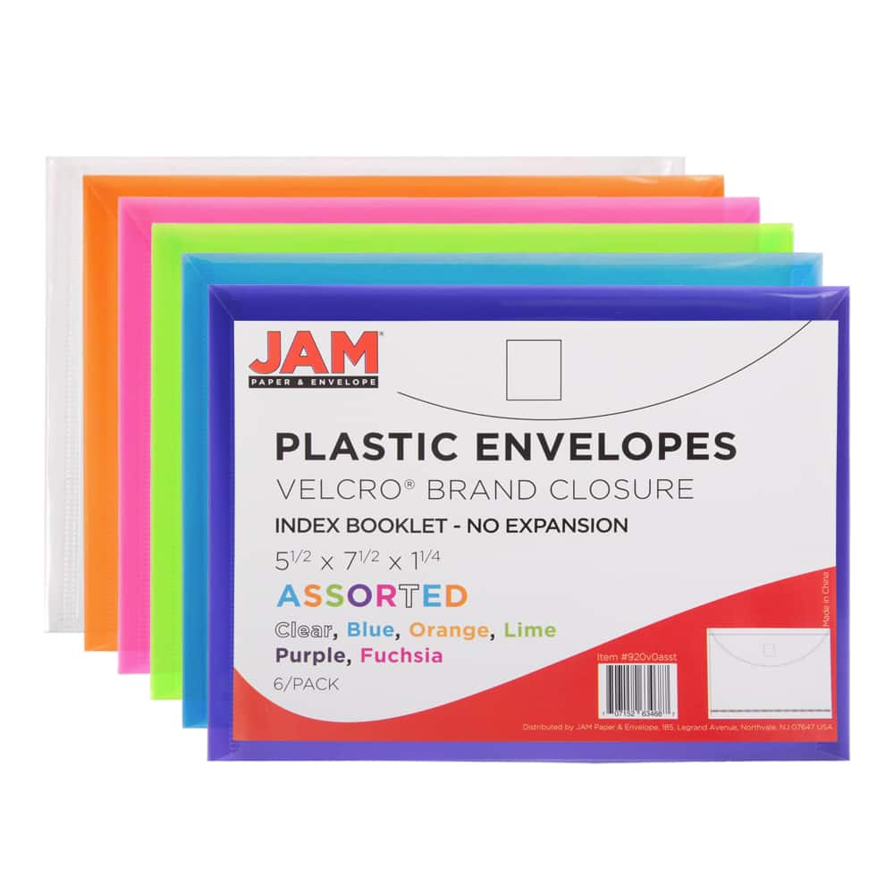 JAM Paper 5.5" x 7.5" Plastic Hook & Loop Closure Envelopes, 6ct.