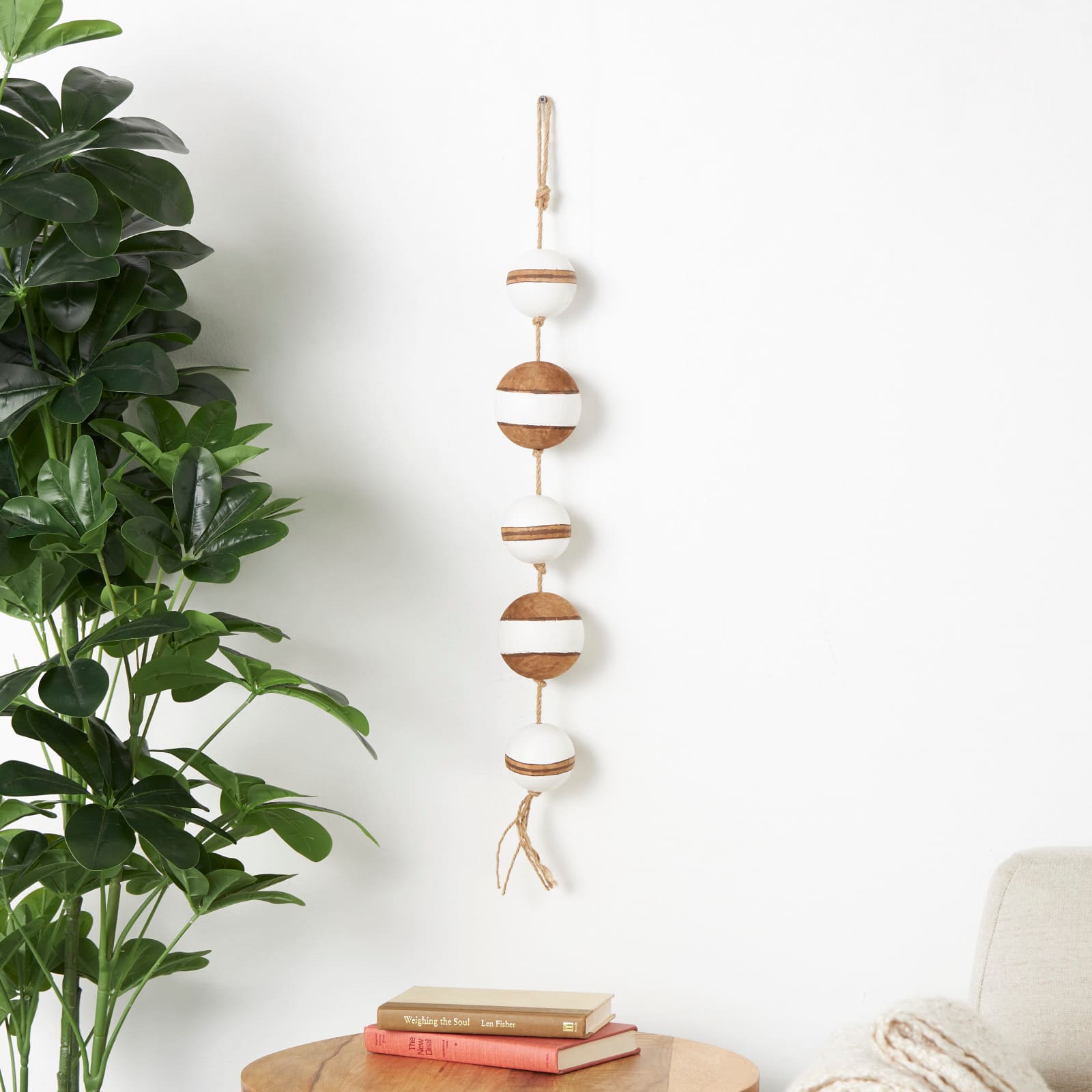 Brown Wood Buoy Two-Toned Striped Hanging Home Wall Décor with White Accents and Jute Rope