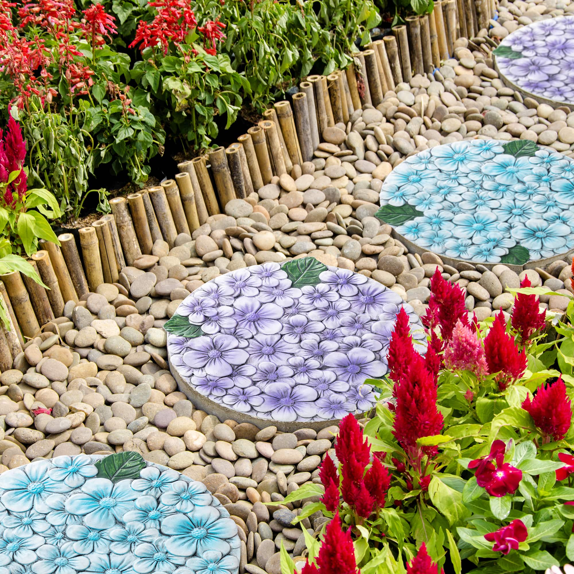 Glitzhome® 10" Set of 2 Cement Blue and Purple Hydrangea Textured Stepping Stones
