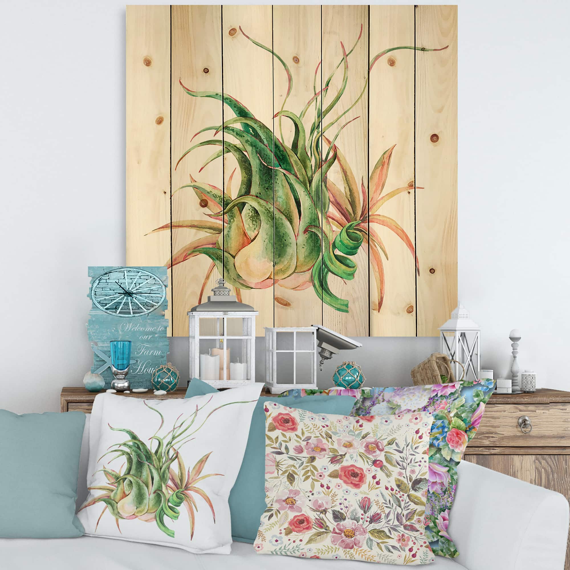 Designart - Tropical Leaves Air Plant Succulent - Farmhouse Print on Natural Pine Wood