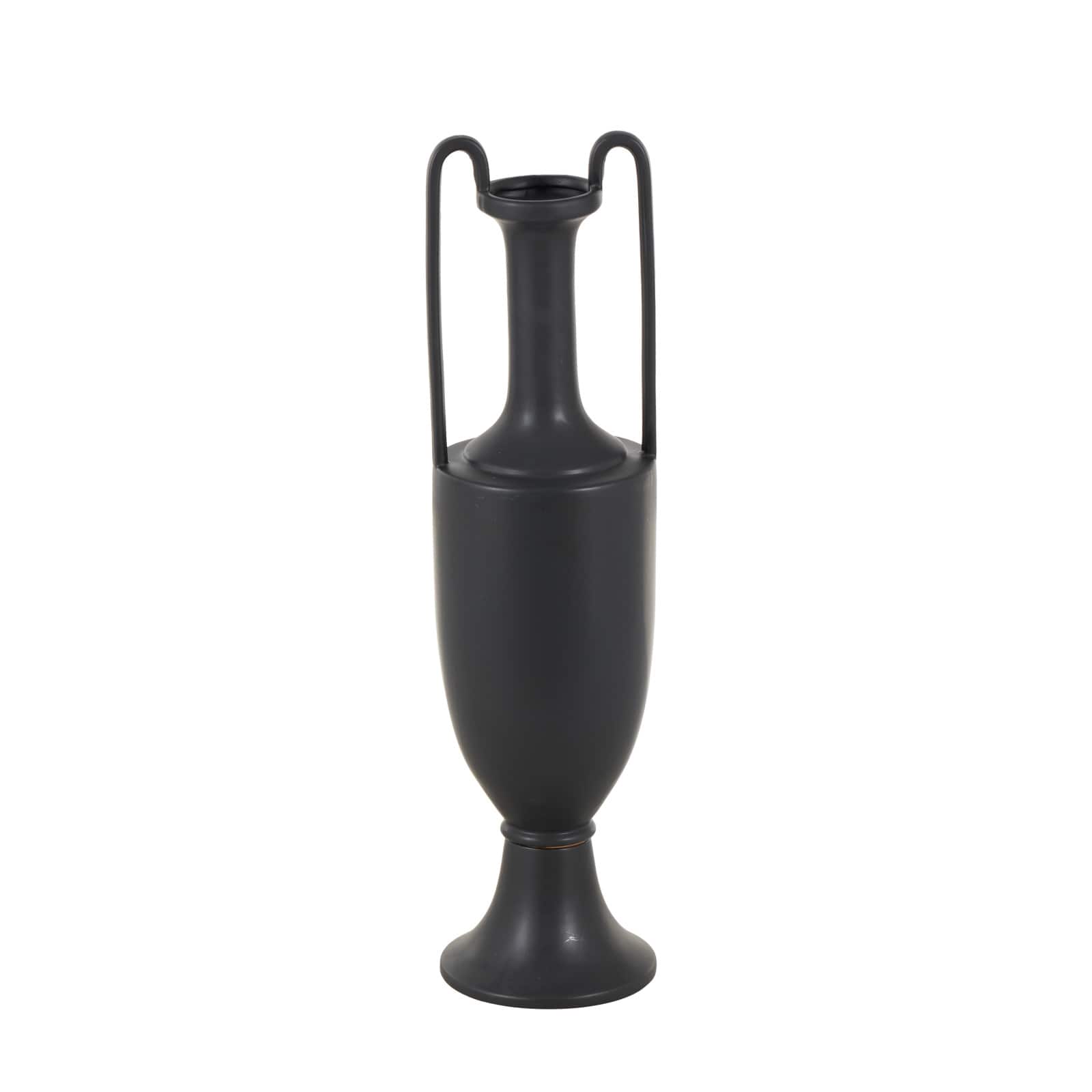 30" Black Fluted Urn Shaped Decorative Ceramic Vase with Arch Handles