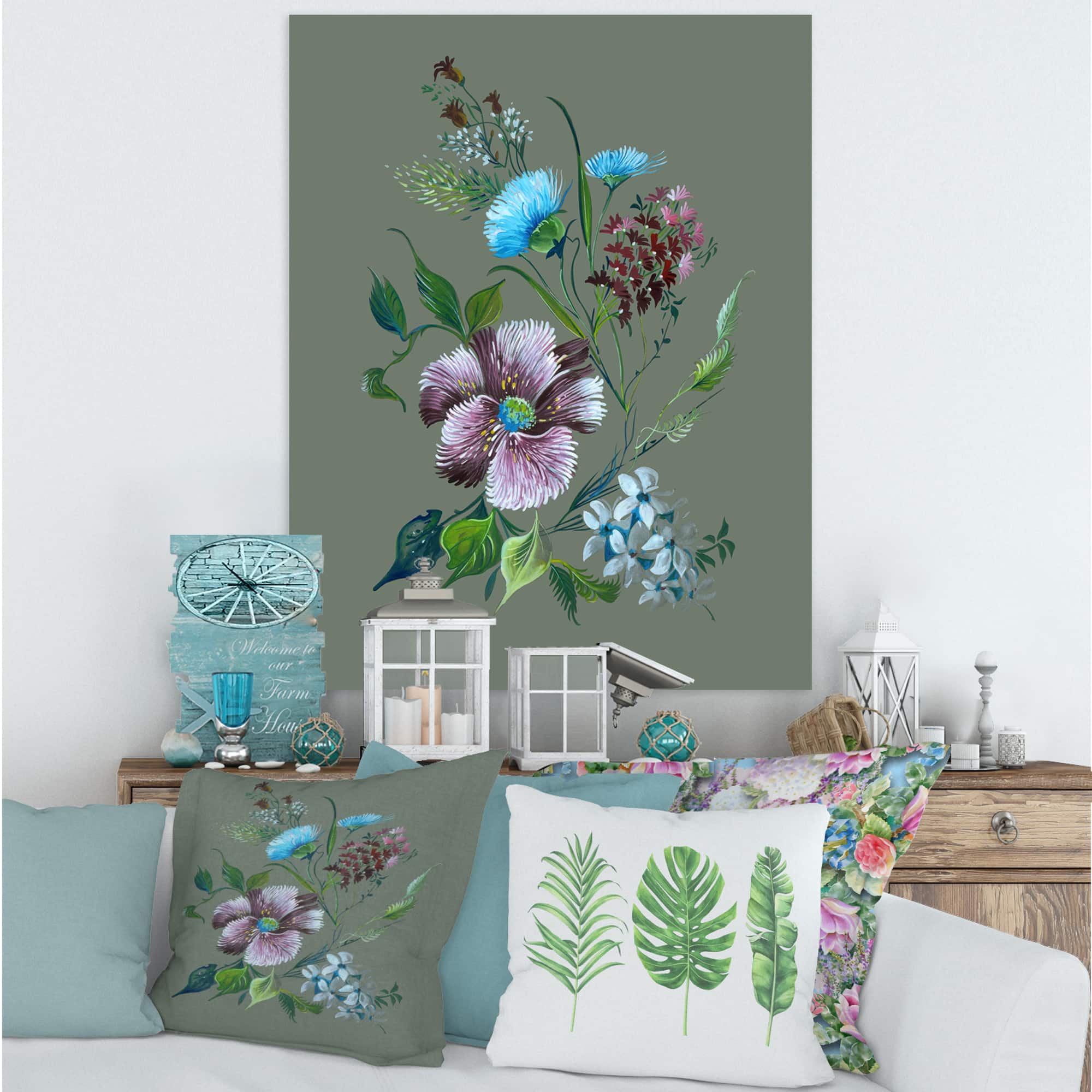 Designart - Purple and Turquoise Spring Flowers - Traditional Canvas Wall Art Print