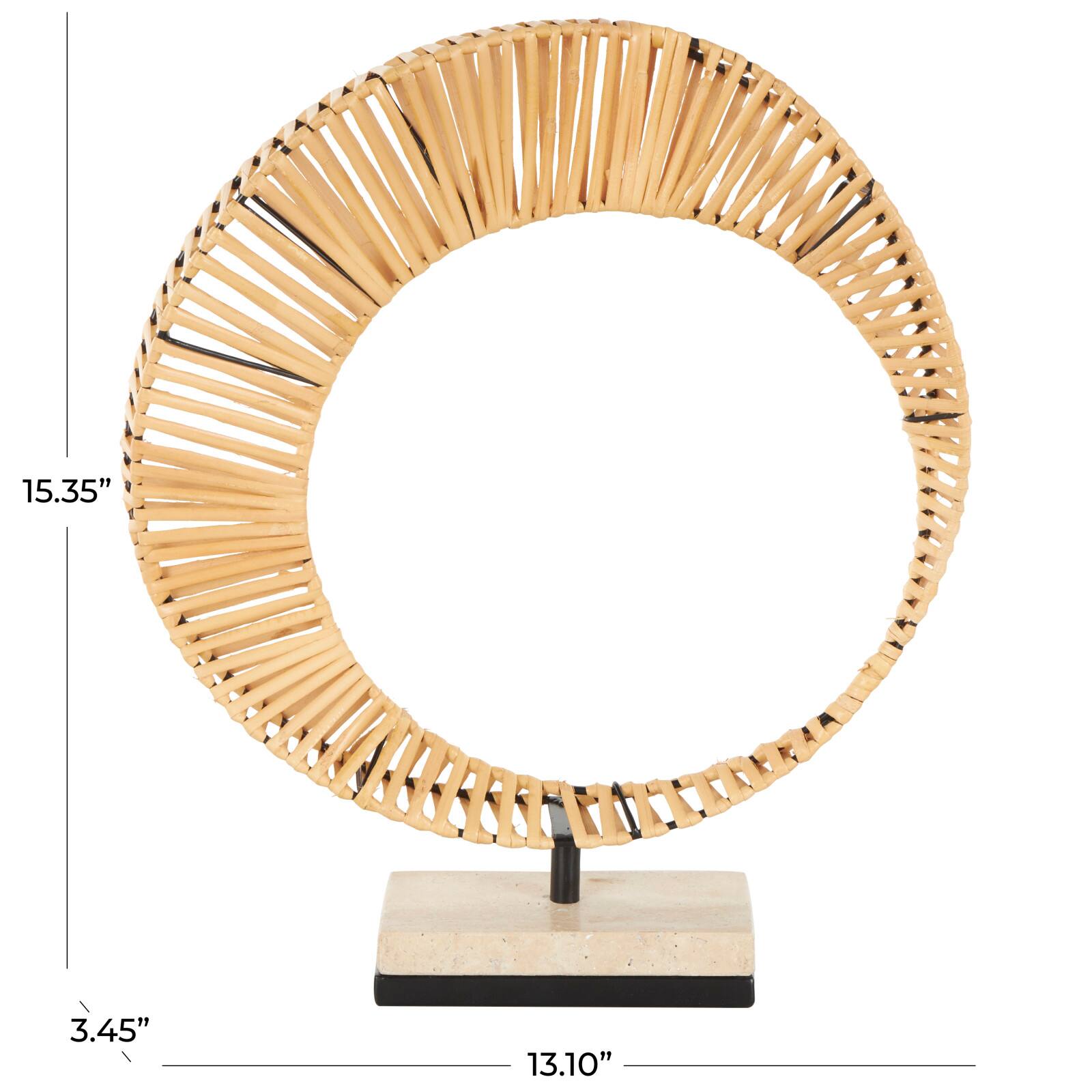 15.5" Brown Rattan Abstract Handmade Mobius Strip Inspired Sculpture with White Marble Base