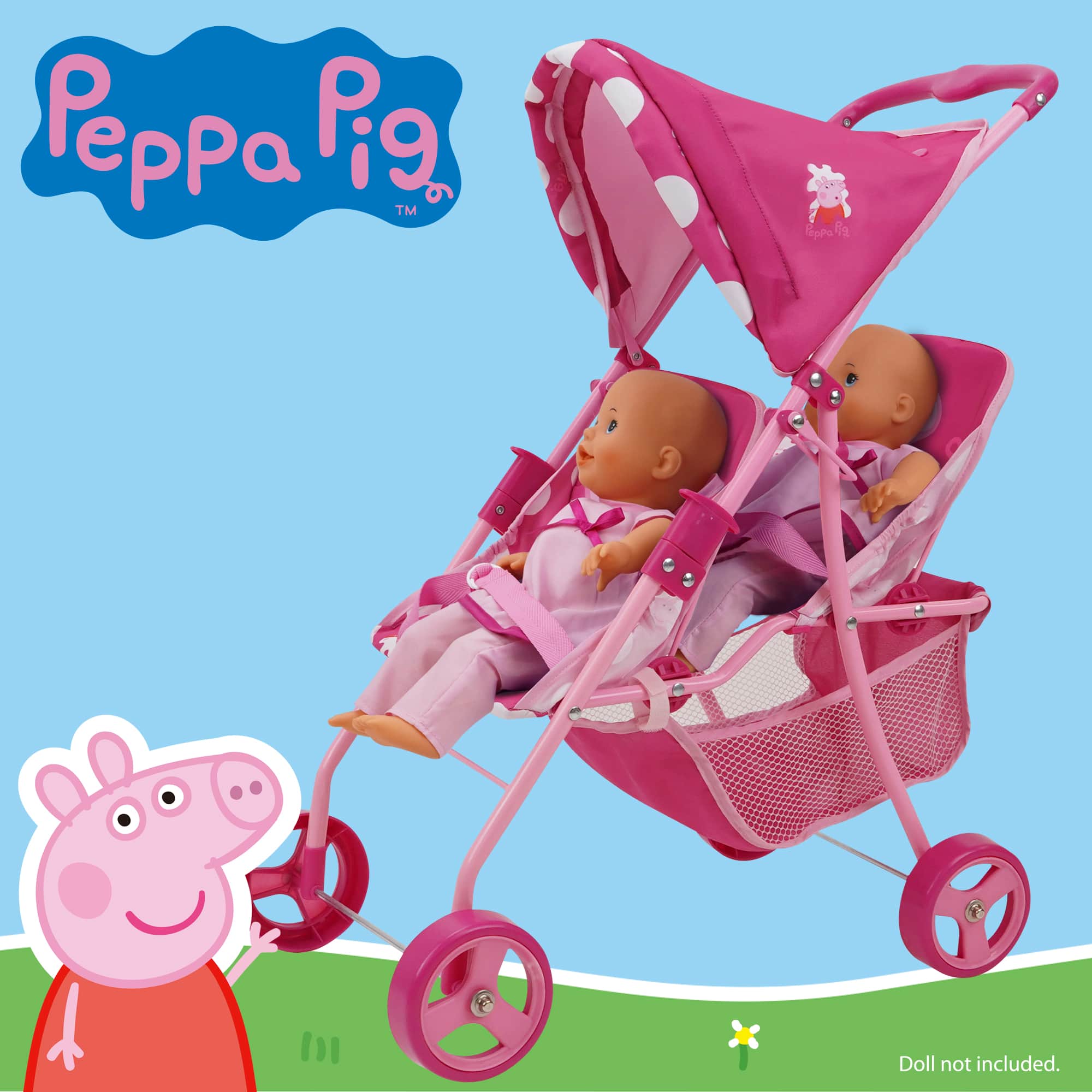 509 Crew Peppa Pig™ Pink and White Dots Doll Twin Stroller