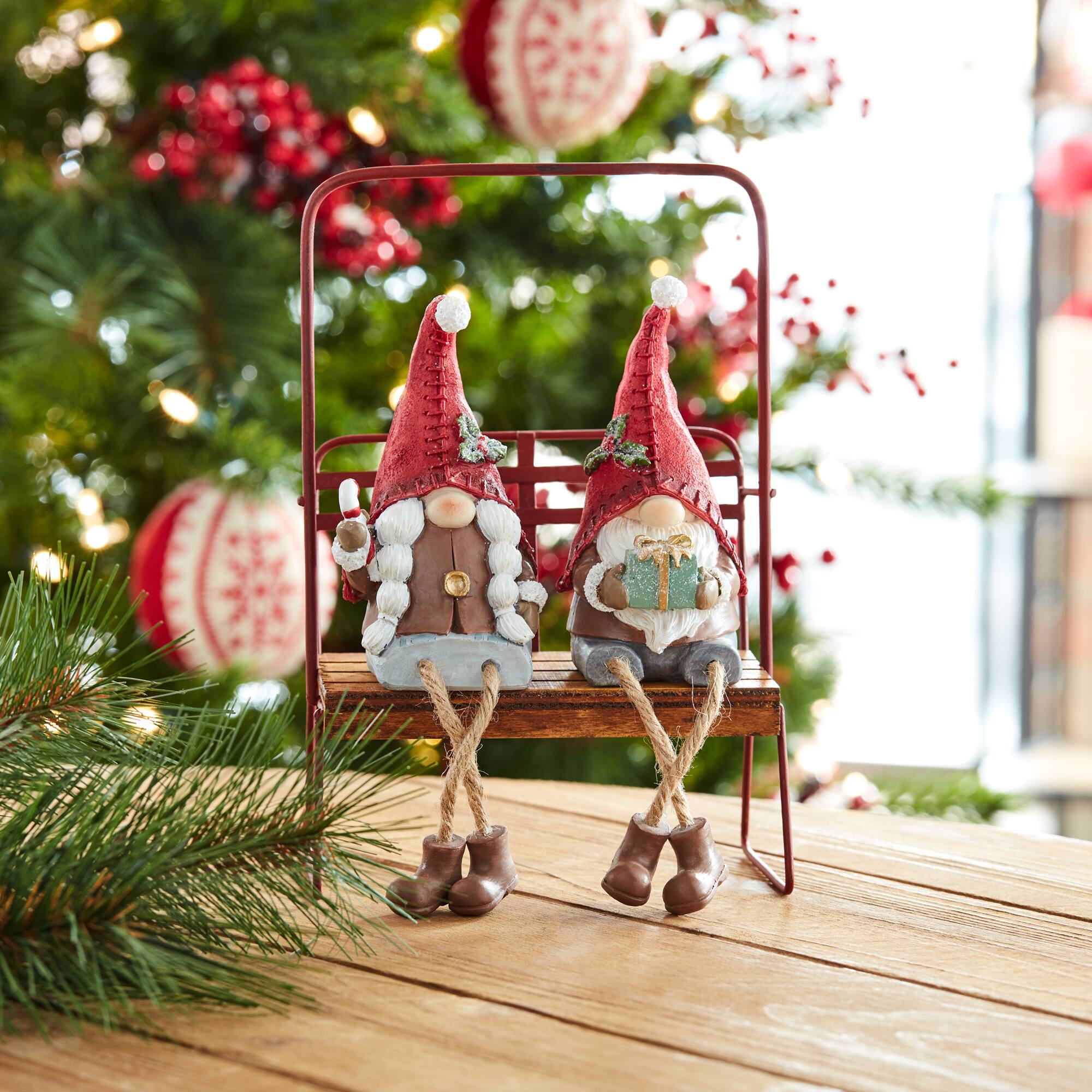 Festive Gnome with Candy Cane & Present Shelf Sitters Set, 8.25" & 8"