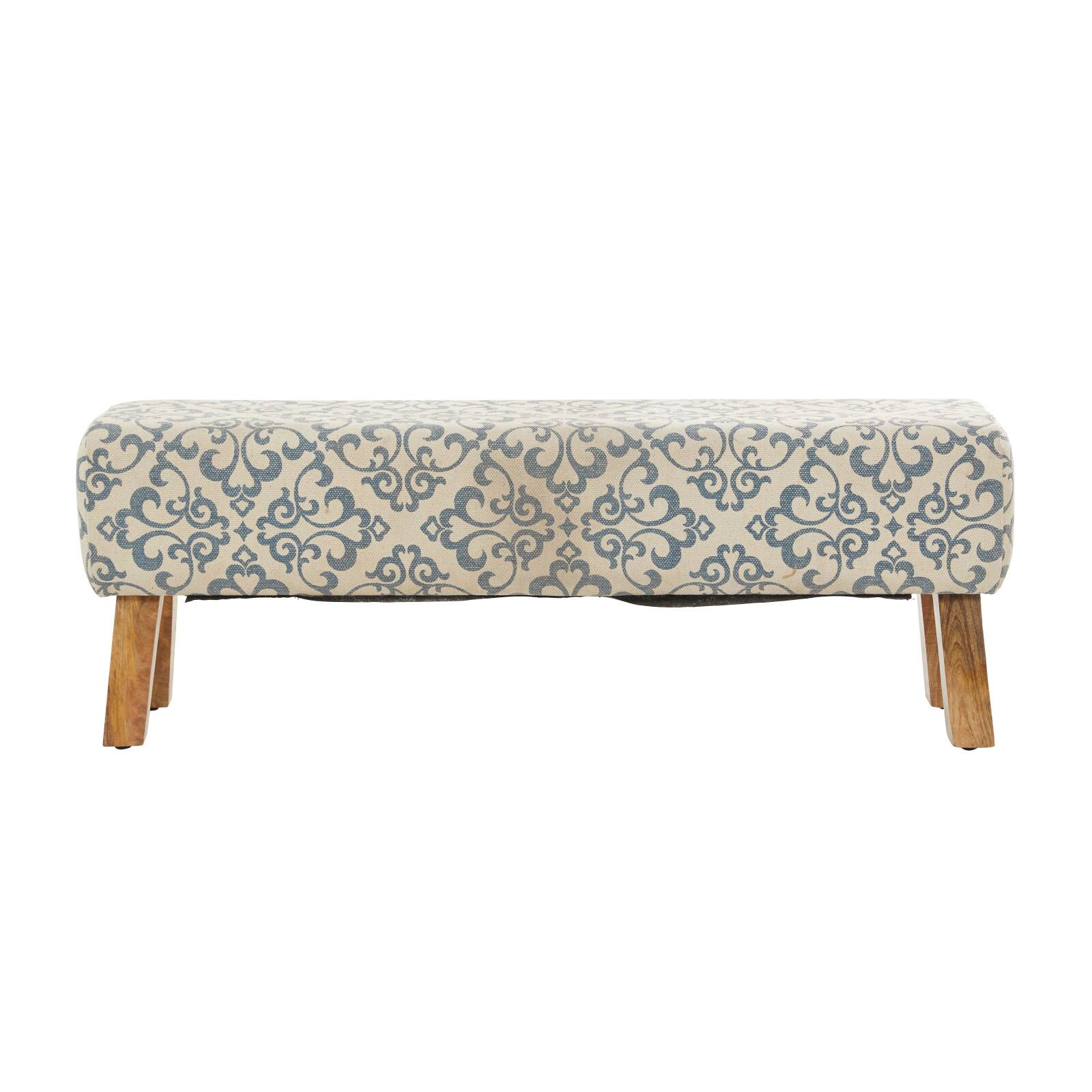 50" Cream Fabric Arabesque Scroll Bench with Wood Legs